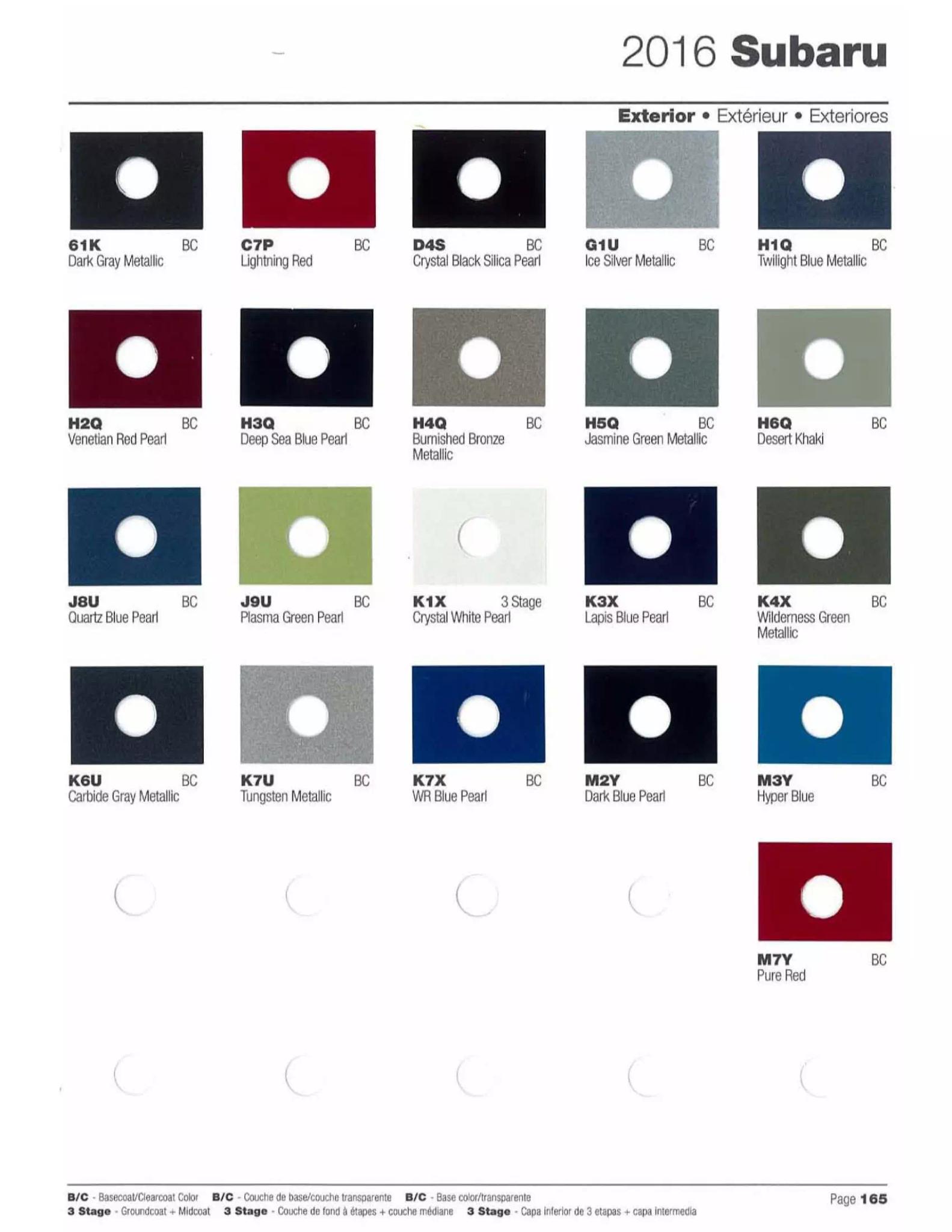 2016 Subaru Paint Codes & Color Chart Paint color examples, their ordering codes, the oem color code, and vehicles the color was used on