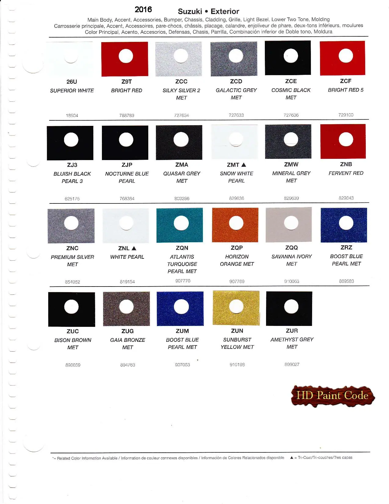 2016 Suzuki Paint Codes & Color Chart Paint color examples, their ordering codes, the oem color code, and vehicles the color was used on