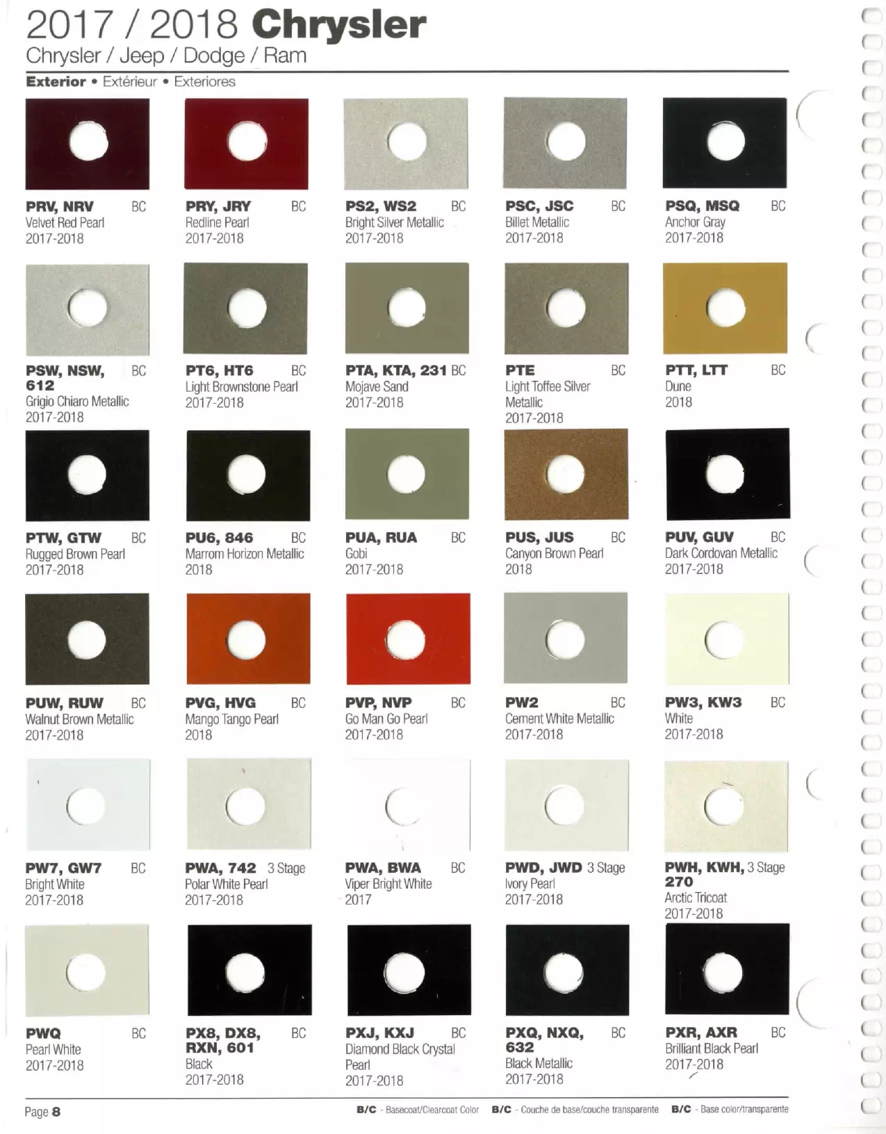 2017-2018 Chrysler, Dodge, Jeep & Ram Paint Codes & Color Chart color codes, shades and color names