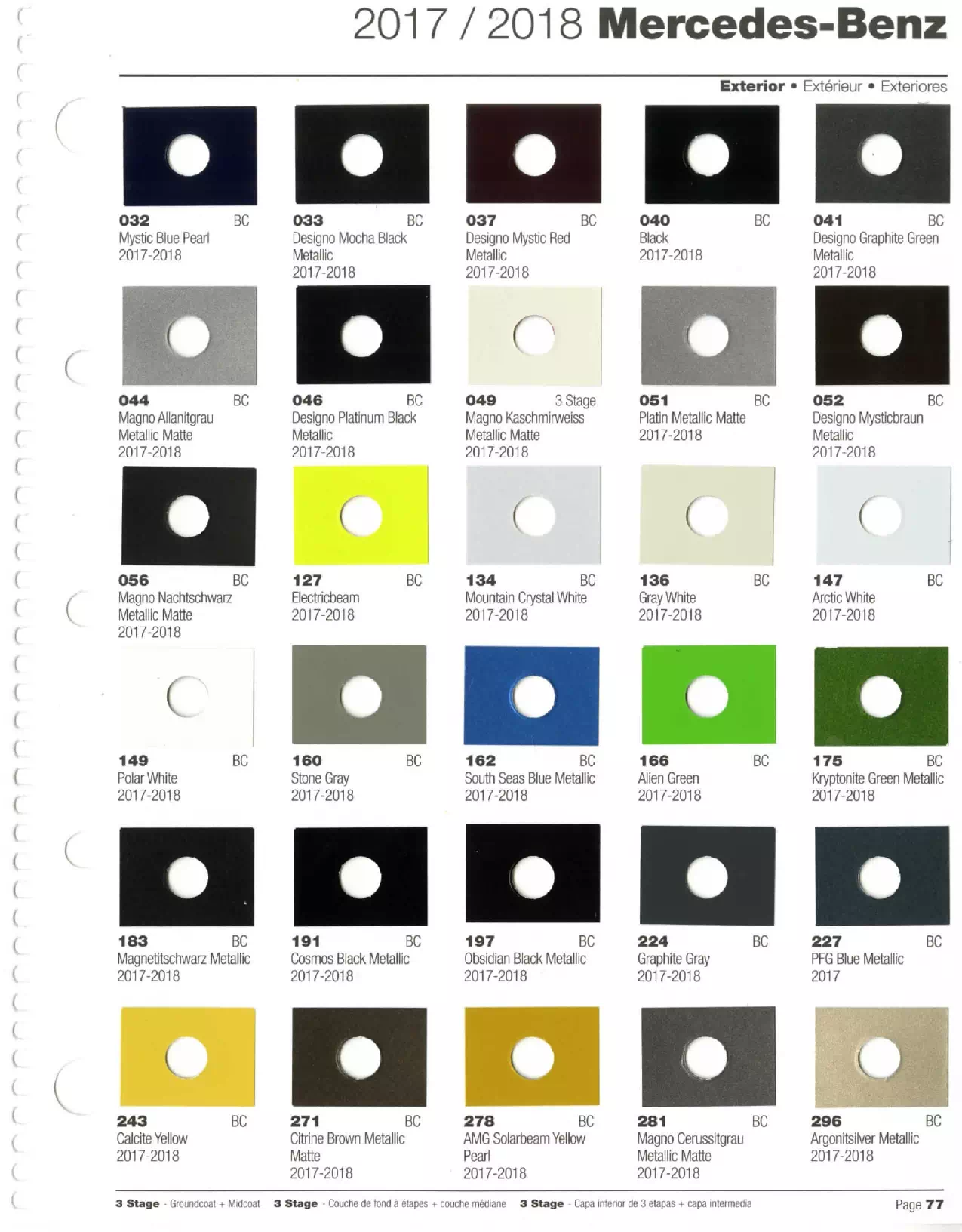 Color swatches that represent colors used on Mercedes Benz automobiles.  Color codes, Paint swatches, Ordering Stock numbers  and Color Names for Mercedes Benz automobiles.