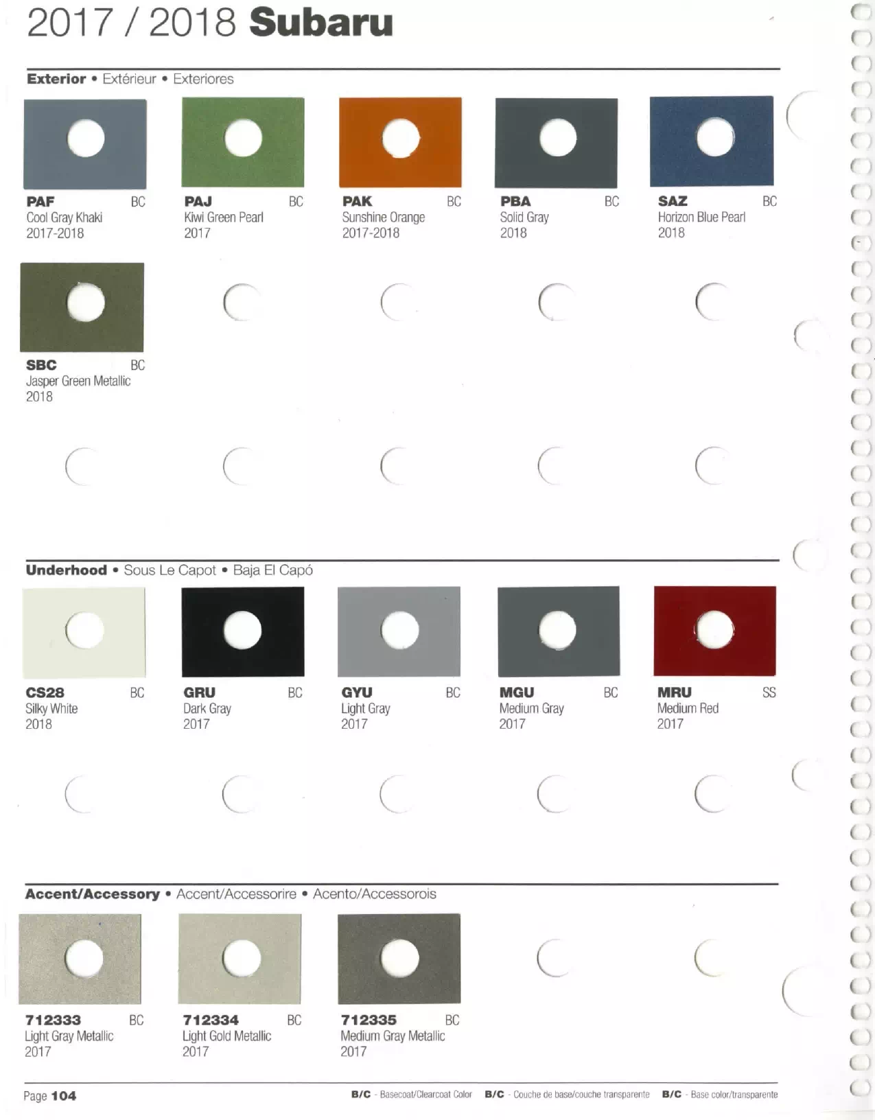 2017-2018 Subaru Paint Codes & Color Chart Paint color examples, their ordering codes, the oem color code, and vehicles the color was used on