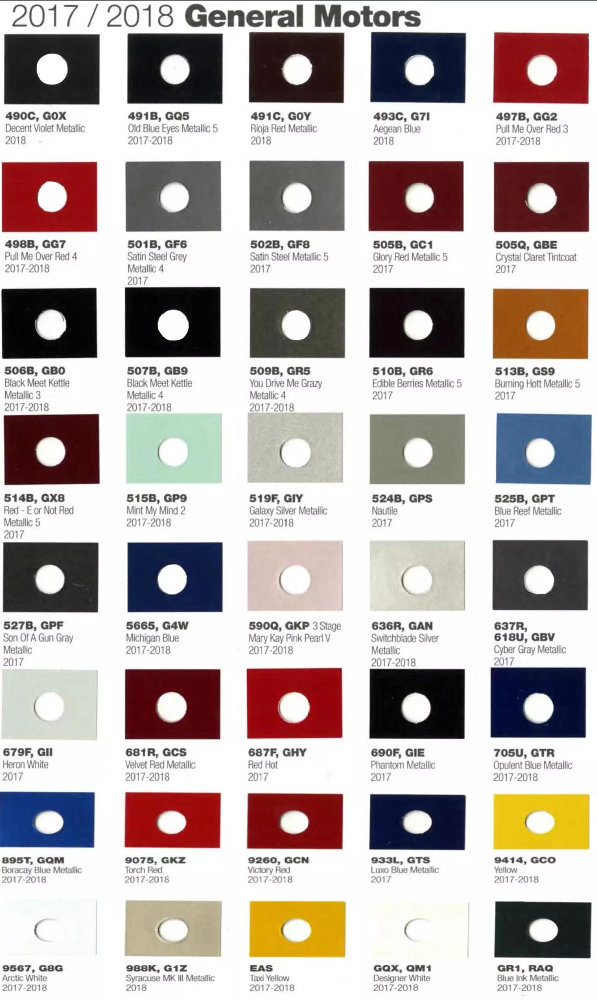 2017 - 2018 GM Paint Chart and Paint Codes