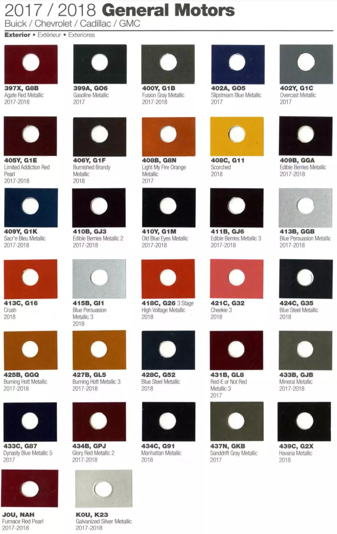 2017 - 2018 GM Paint Chart and Paint Codes