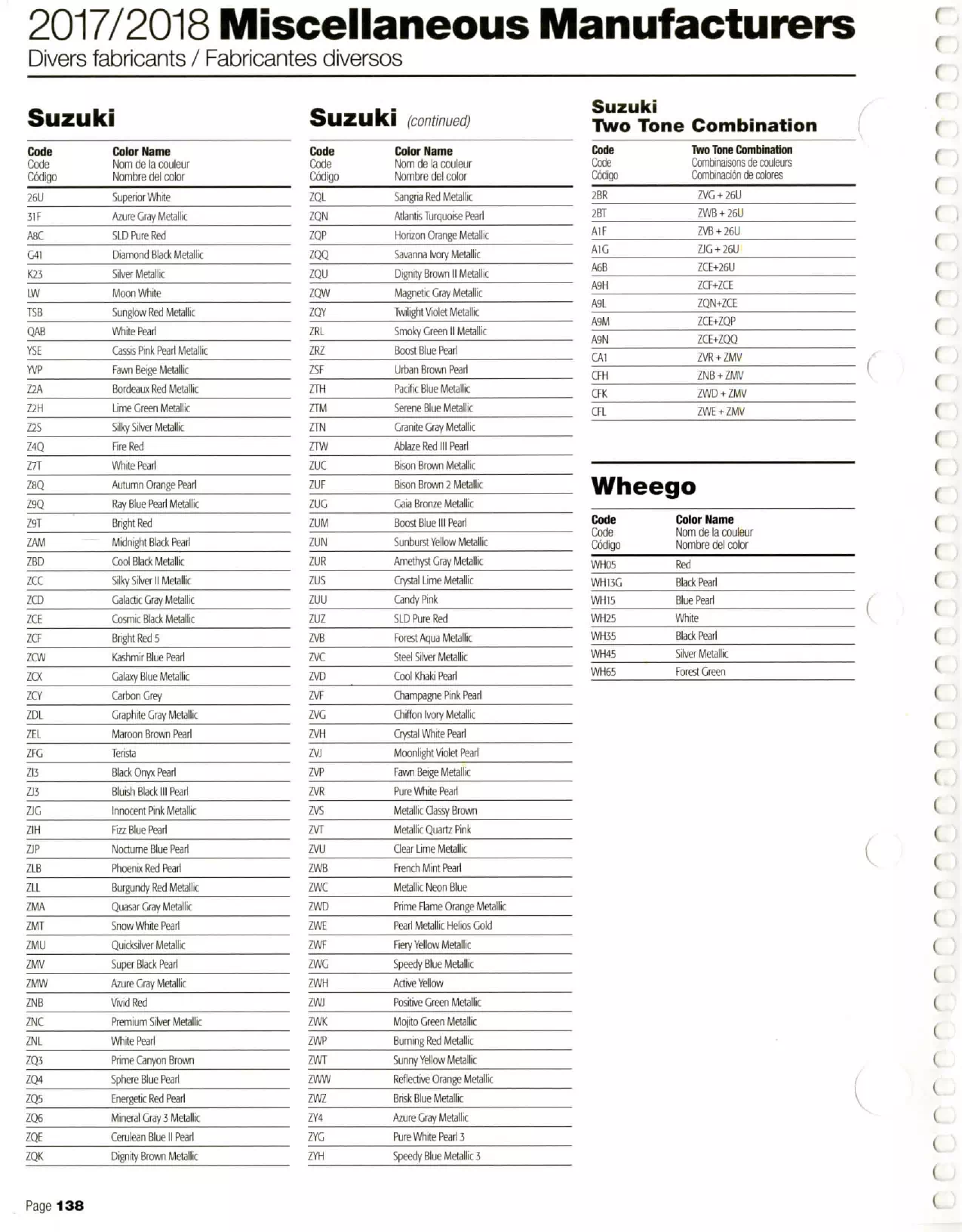 2017-2018 Color Book Mfg: Suzuki & Wheego Paint color examples, their ordering codes, the oem color code, and vehicles the color was used on