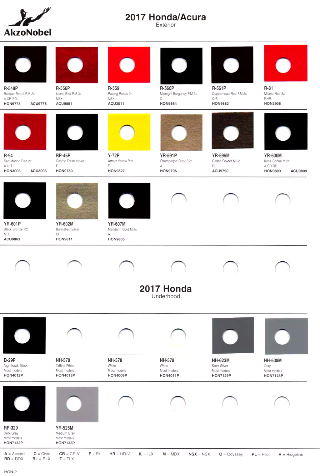 Exterior paint chips and their ordering codes for Honda and Acura Vehicles