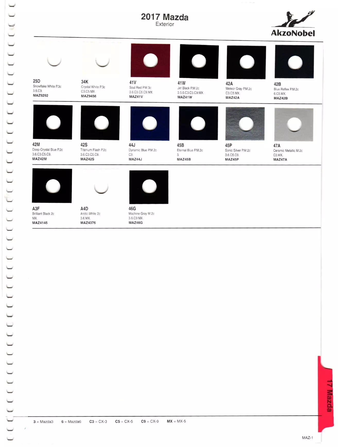 oem paint codes, color names, paint swatches, and Akzo Nobel mixing stock numbers for 2017 automobiles