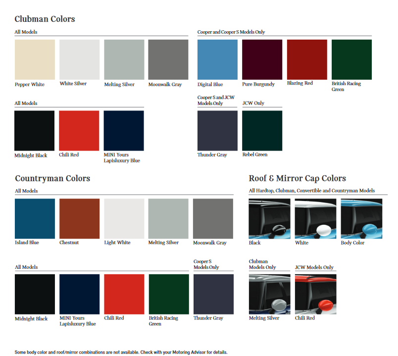 2017 Mini Paint Chart Colors that came on a mini vehicles.