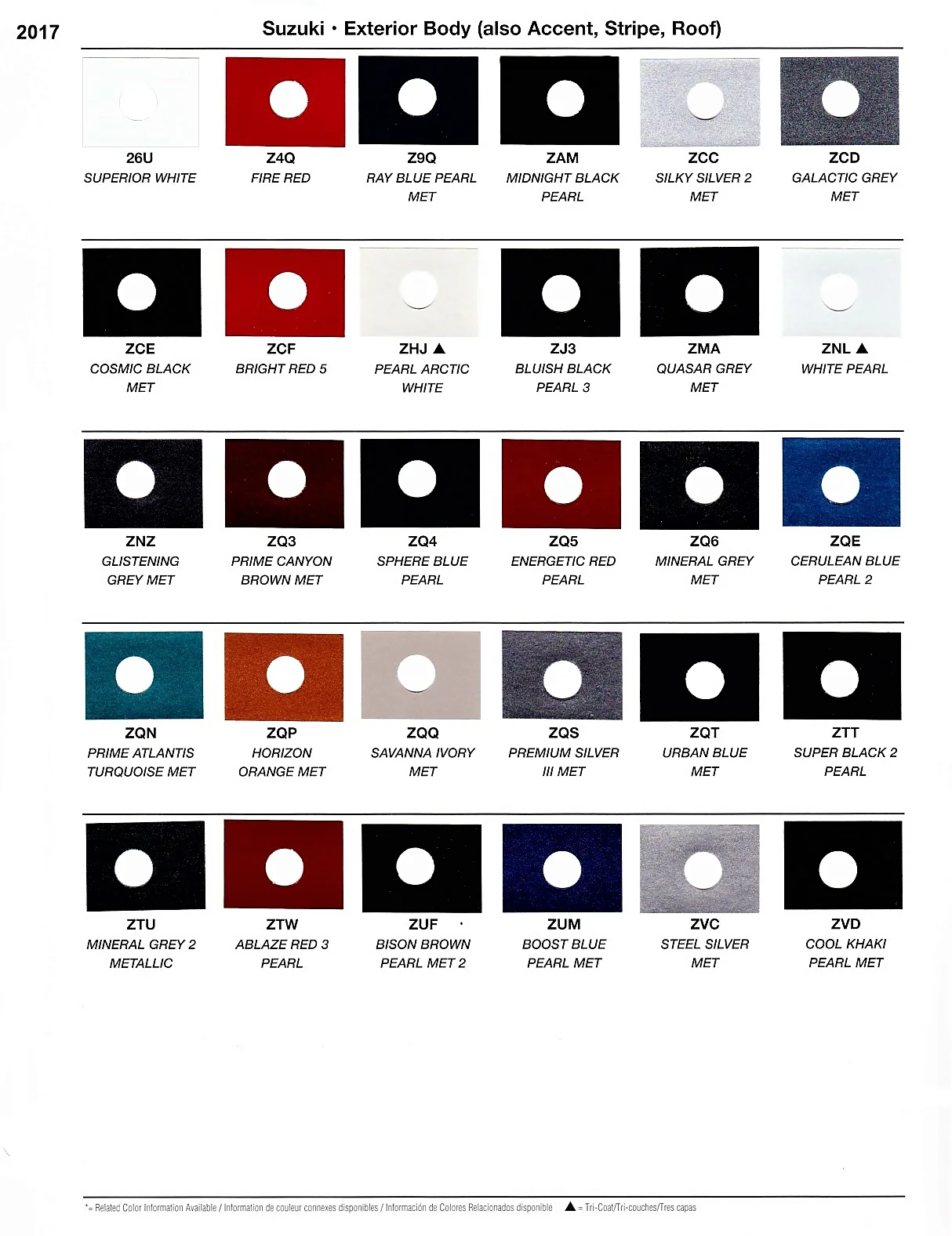 paint chart showing exterior colors of suzuki vehicles in 2017