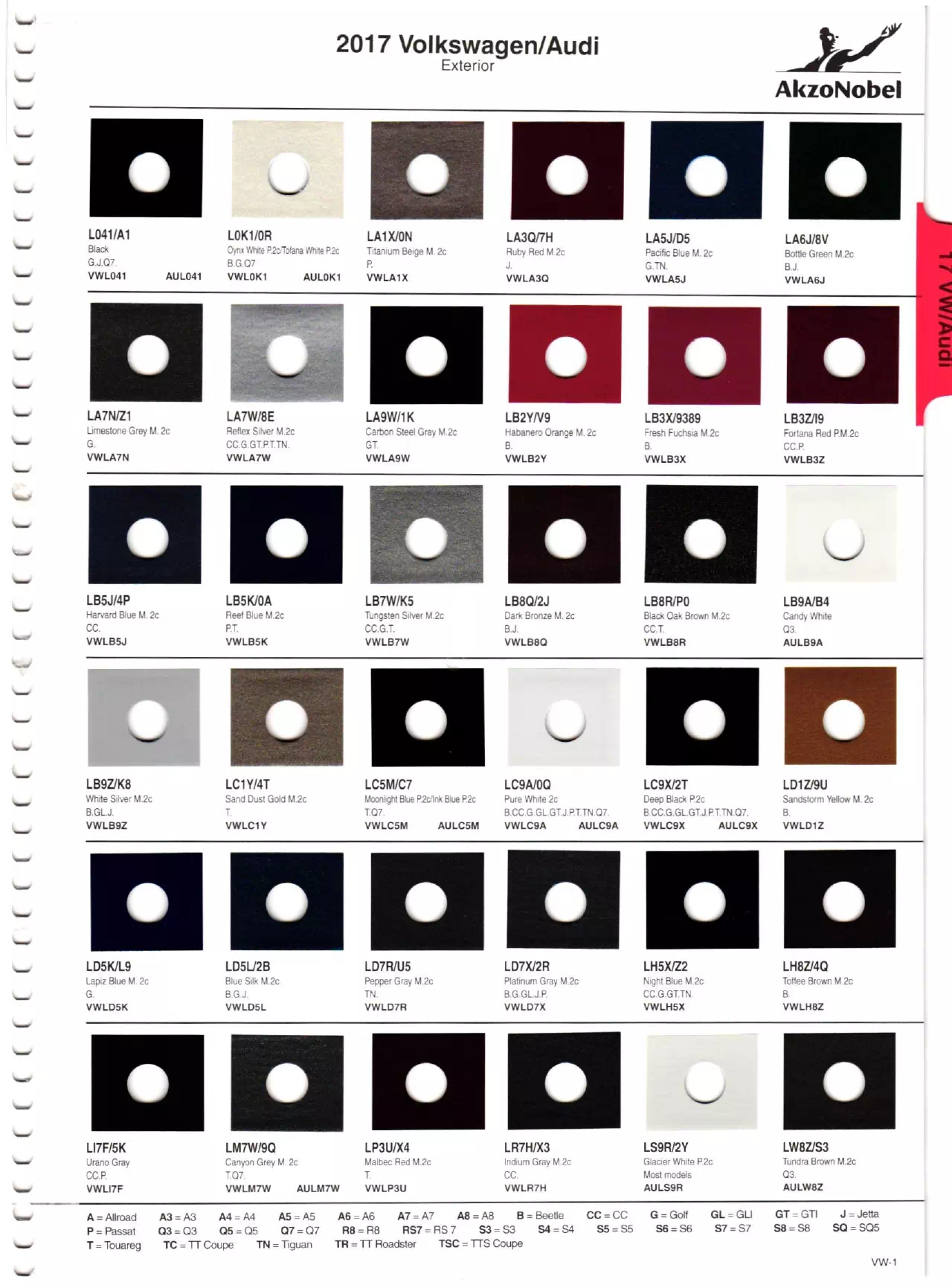 2017 Volkswagen & Audi Paint Codes Paint color examples, their ordering codes, the oem color code, and vehicles the color was used on