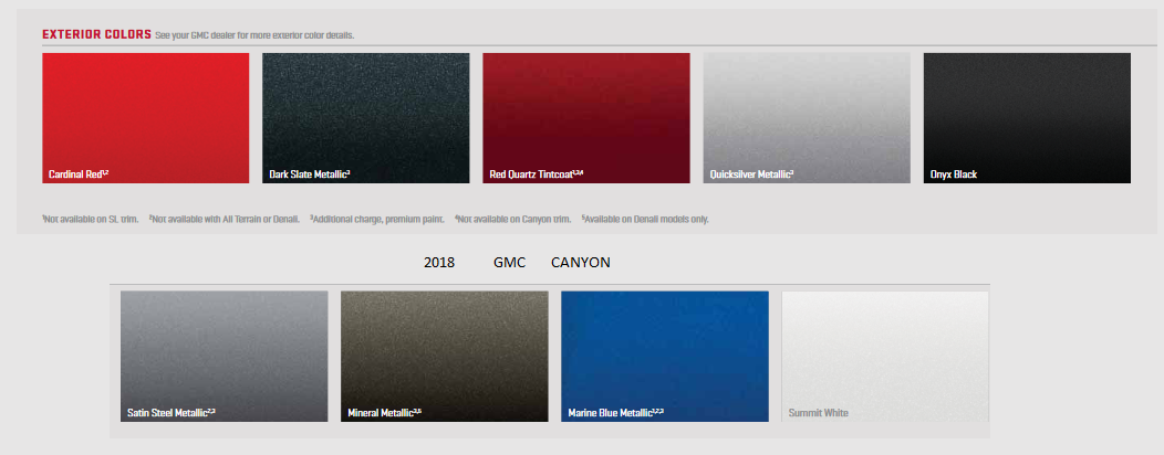 2018 GMC Canyon Paint Chart Paint Colors and paint codes for GMC