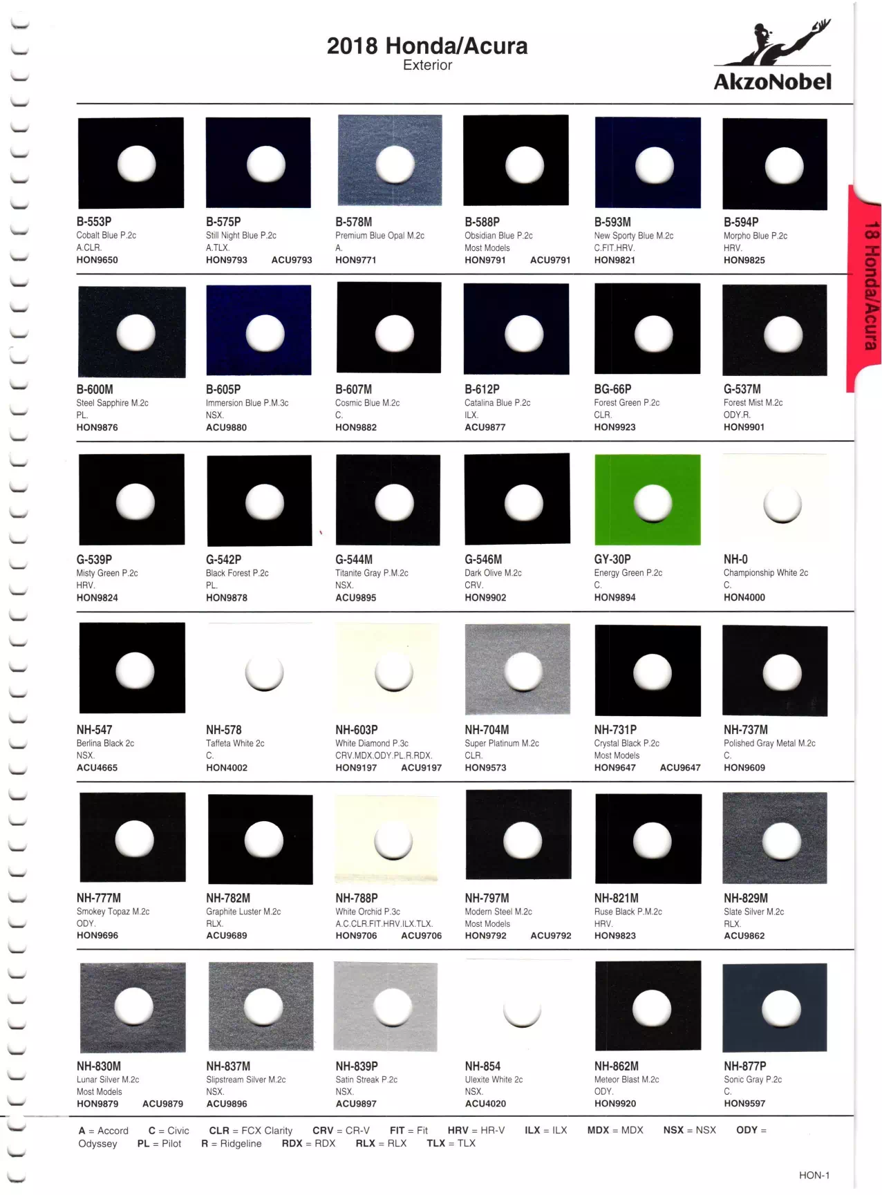 Exterior paint chips and their ordering codes for Honda and Acura Vehicles