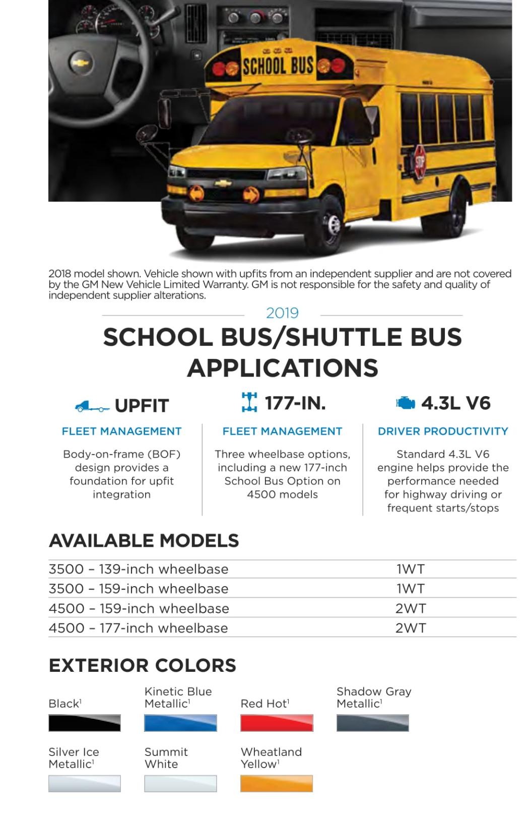2019 General Motors School Bus Colors Black, Blue, Red, Gray, Silver, White, Yellow