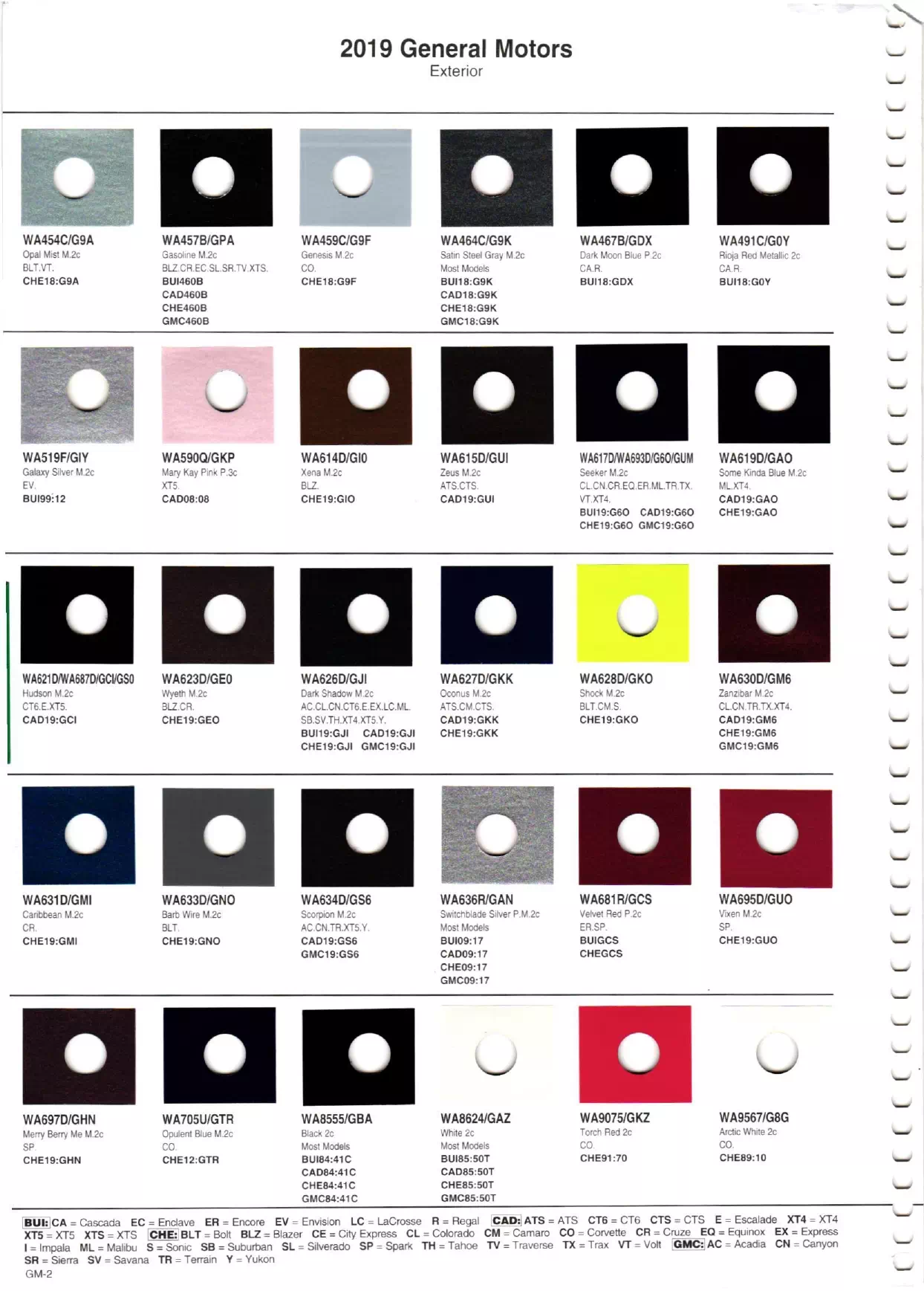 2019 Paint Chart General Motors: Buick, Cadillac, Chevrolet & GMC Paint color examples, their ordering codes, the oem color code, and vehicles the color was used on