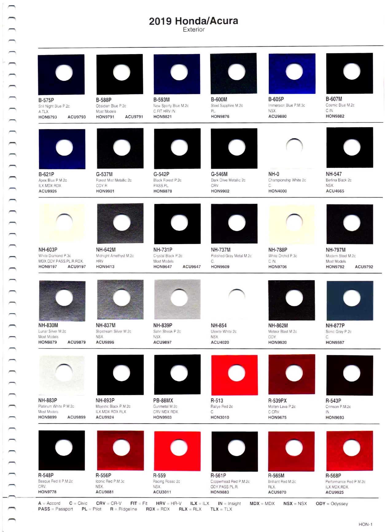 Exterior paint chips and their ordering codes for Honda and Acura Vehicles