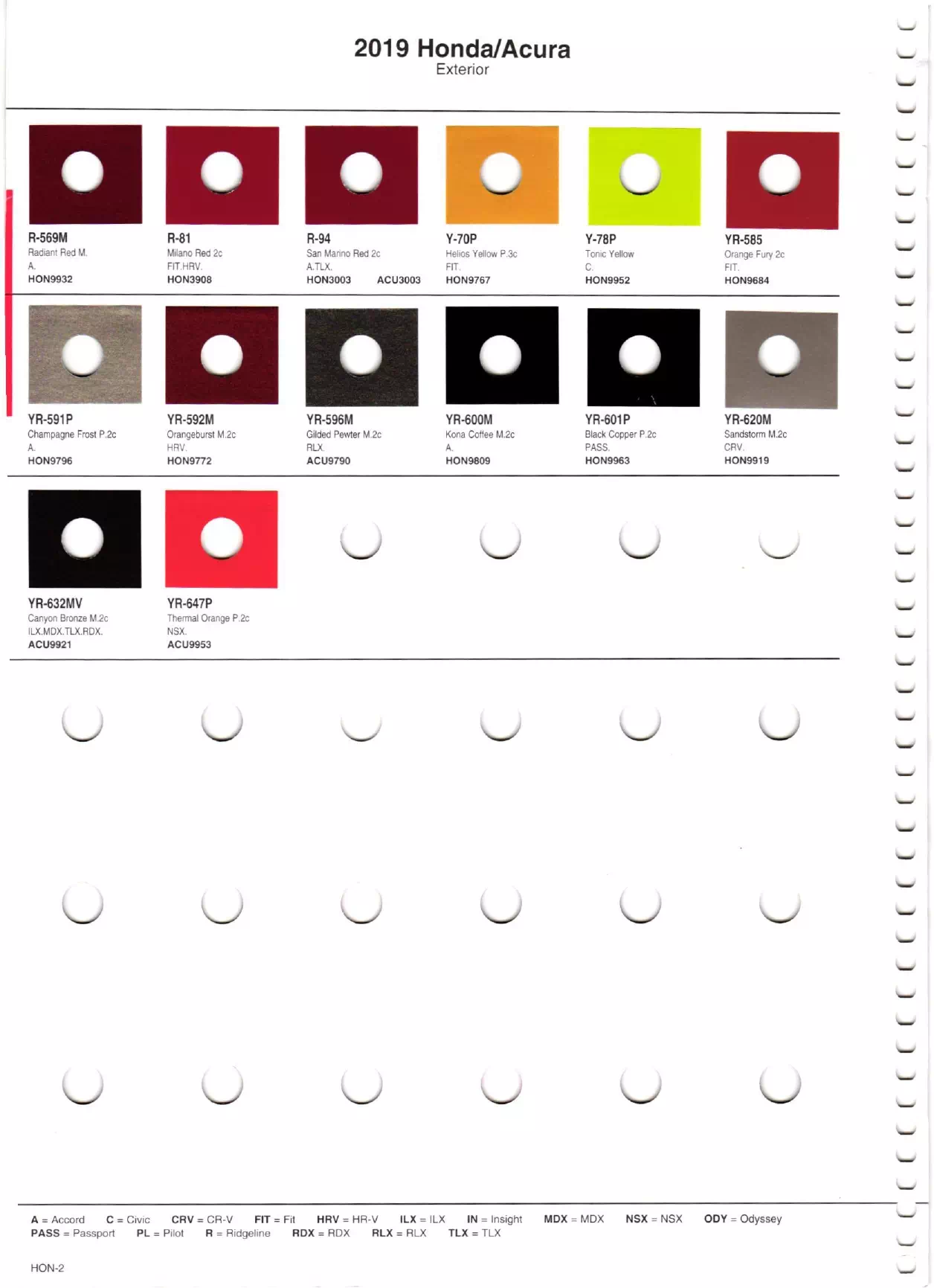 Exterior paint chips and their ordering codes for Honda and Acura Vehicles