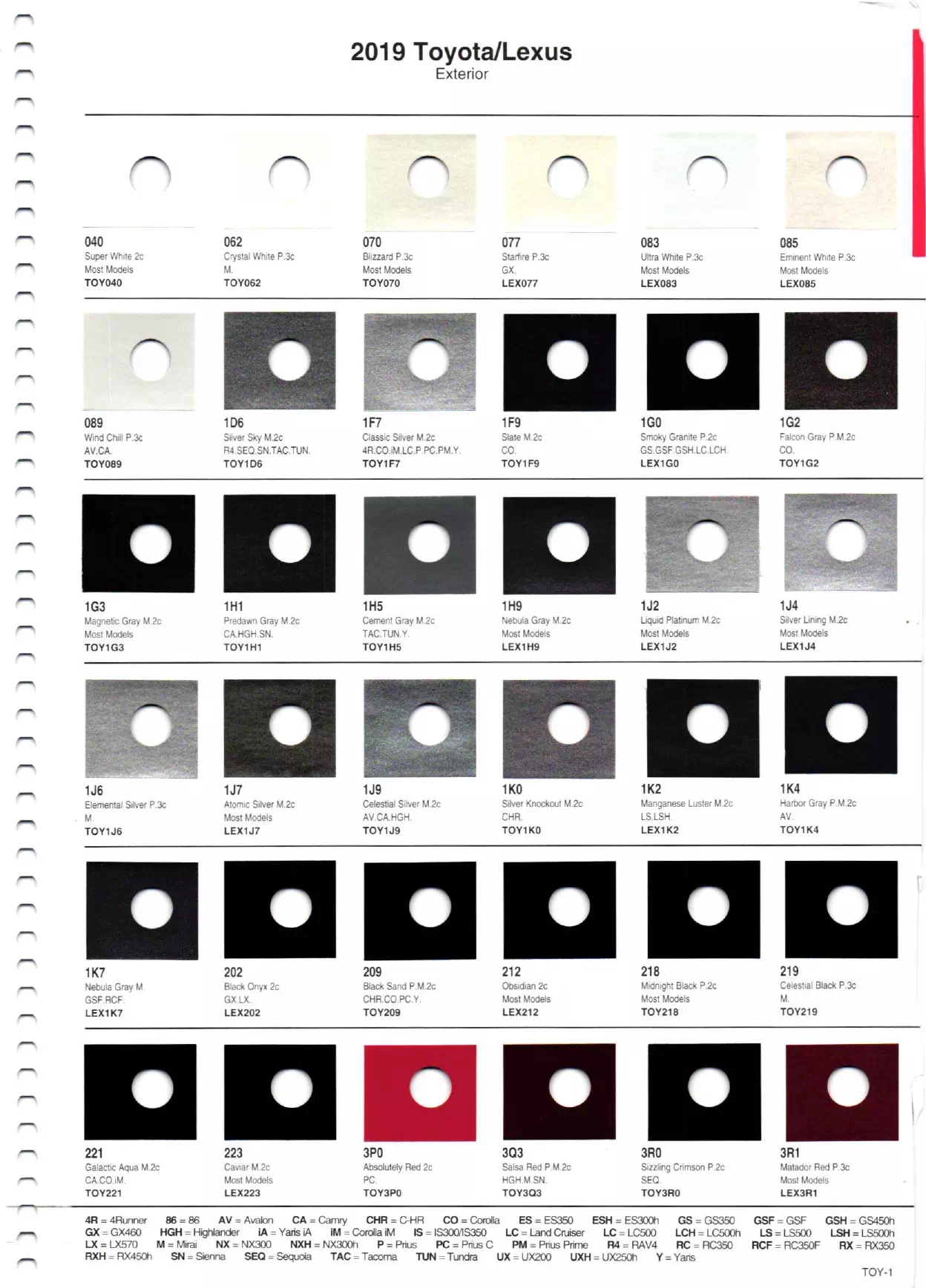 2019 Toyota & Lexus Paint Chart and Color Codes Paint color examples, their ordering codes, the oem color code, and vehicles the color was used on