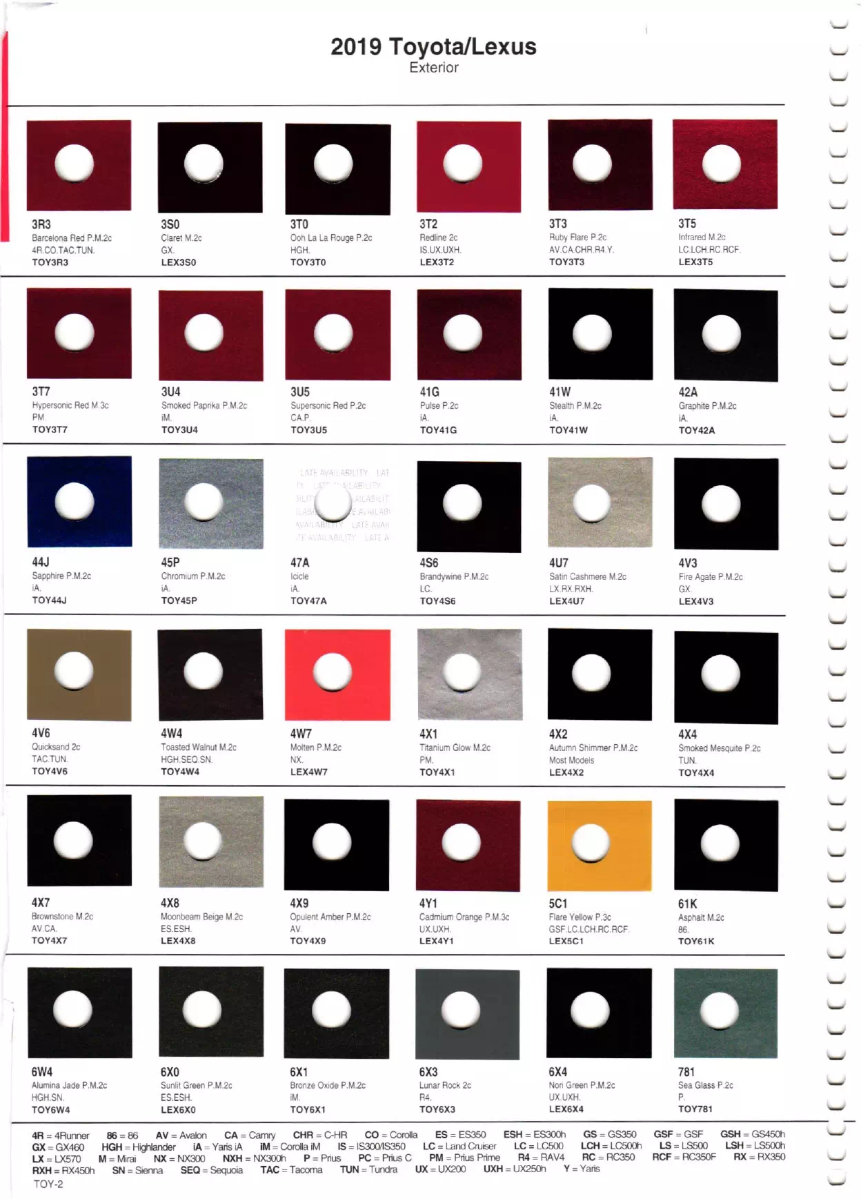 2019 Toyota & Lexus Paint Chart and Color Codes Paint color examples, their ordering codes, the oem color code, and vehicles the color was used on