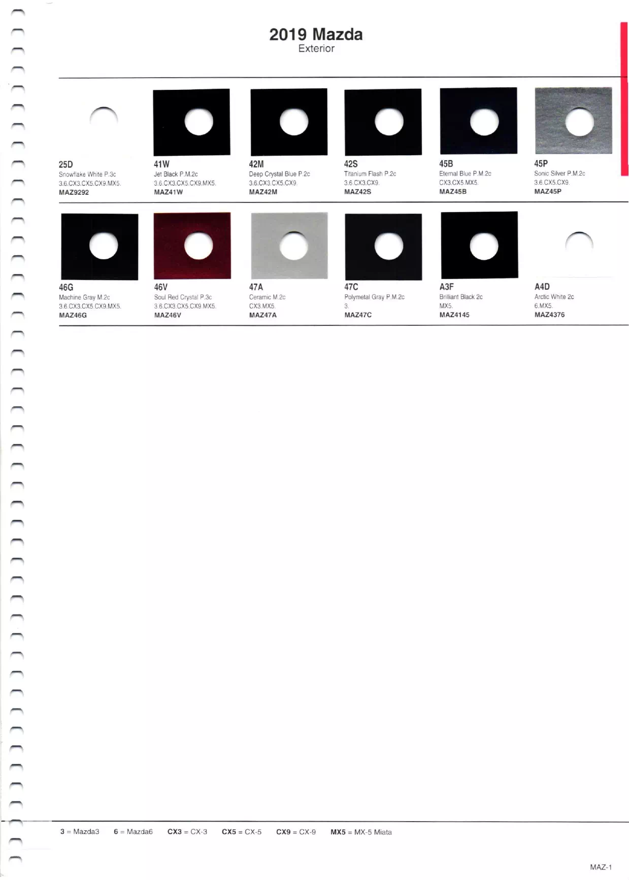 2019 MAZDA PAINT CODES AND COLOR CHART Paint color examples, their ordering codes, the oem color code, and vehicles the color was used on