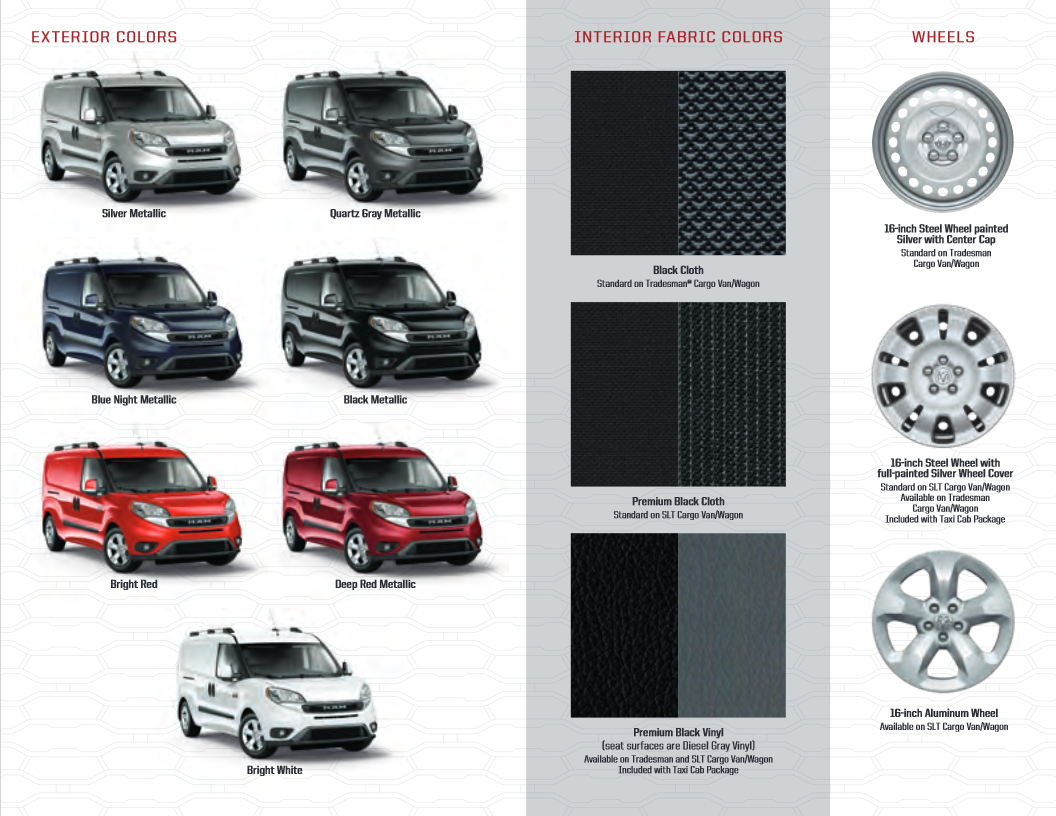 2020 Ram ProMaster City Paint Chart Colors and Rim options for a 2020 Ram Promaster City vehicle