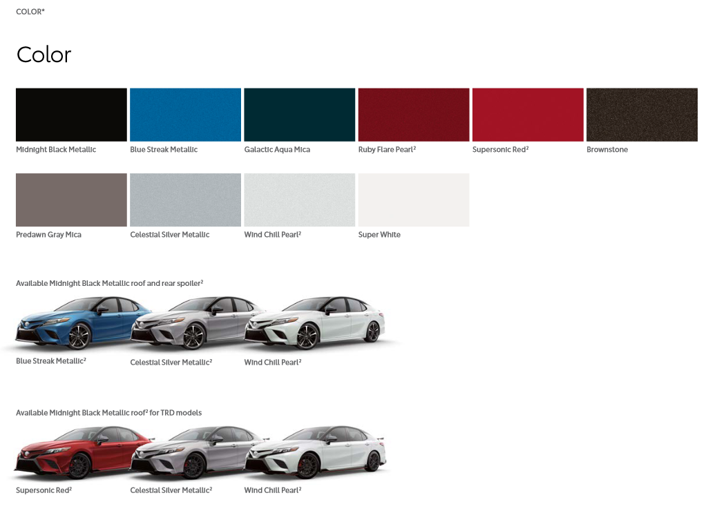 Exterior paint colors and codes for the Toyota Camry