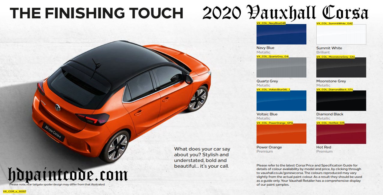 2020 Vauxhall Corsa Paint Chart and Color Codes Colors used on the Vauxhall Corsa Vehicles in 2020