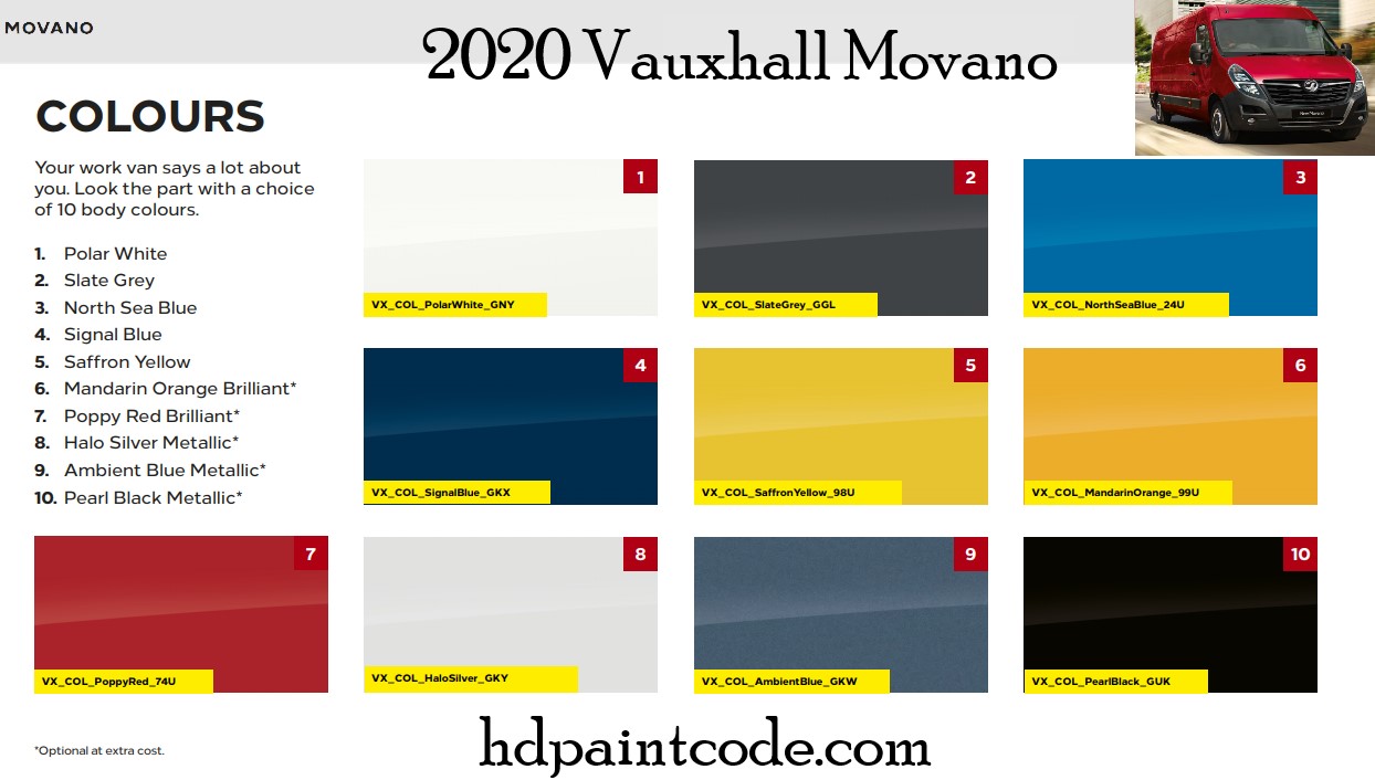 2020 Vauxhall Movano Paint Chart and Color Codes Colors used on Vauxhall Movano Vehicles in 2020