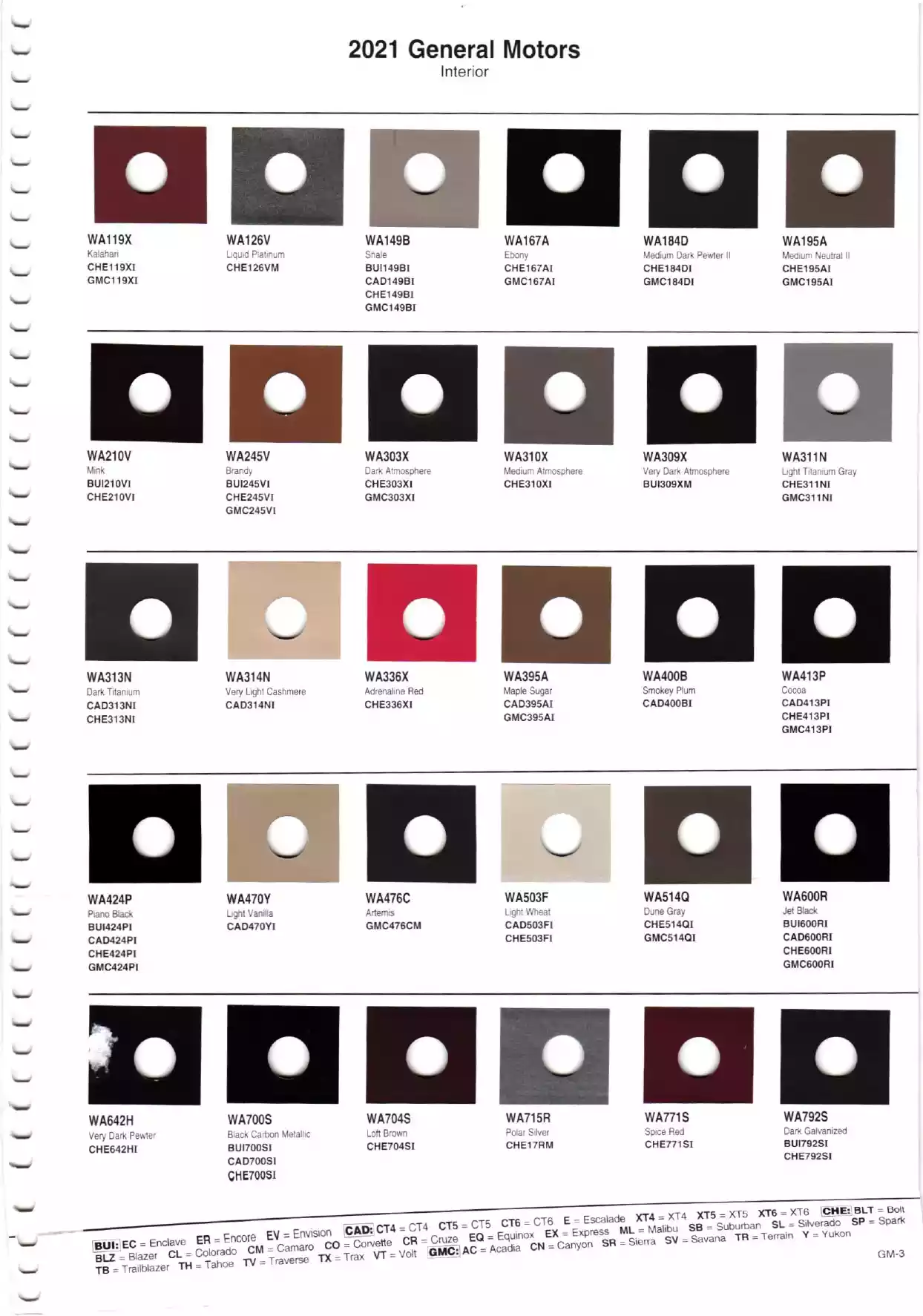 Color swatches, and their ordering paint codes for 2021 model vehicles