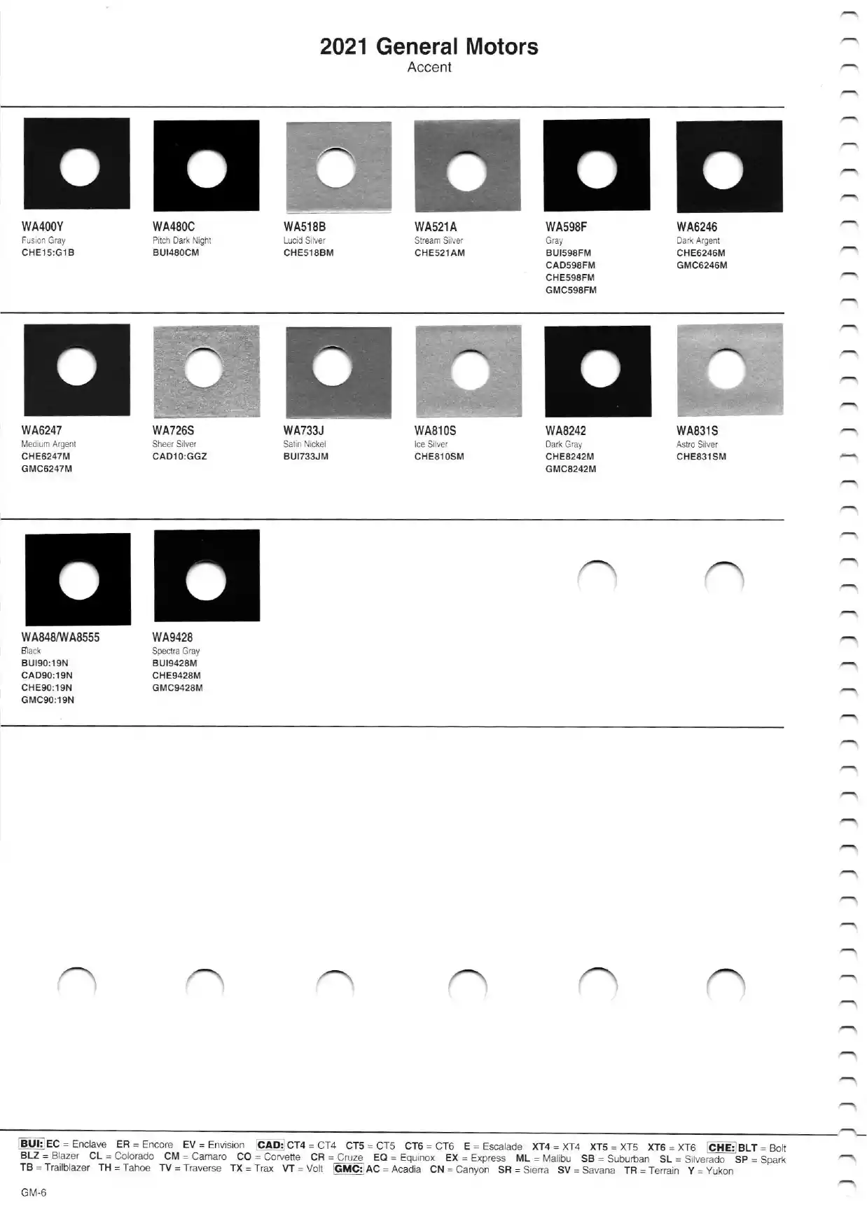 Color swatches, and their ordering paint codes for 2021 model vehicles