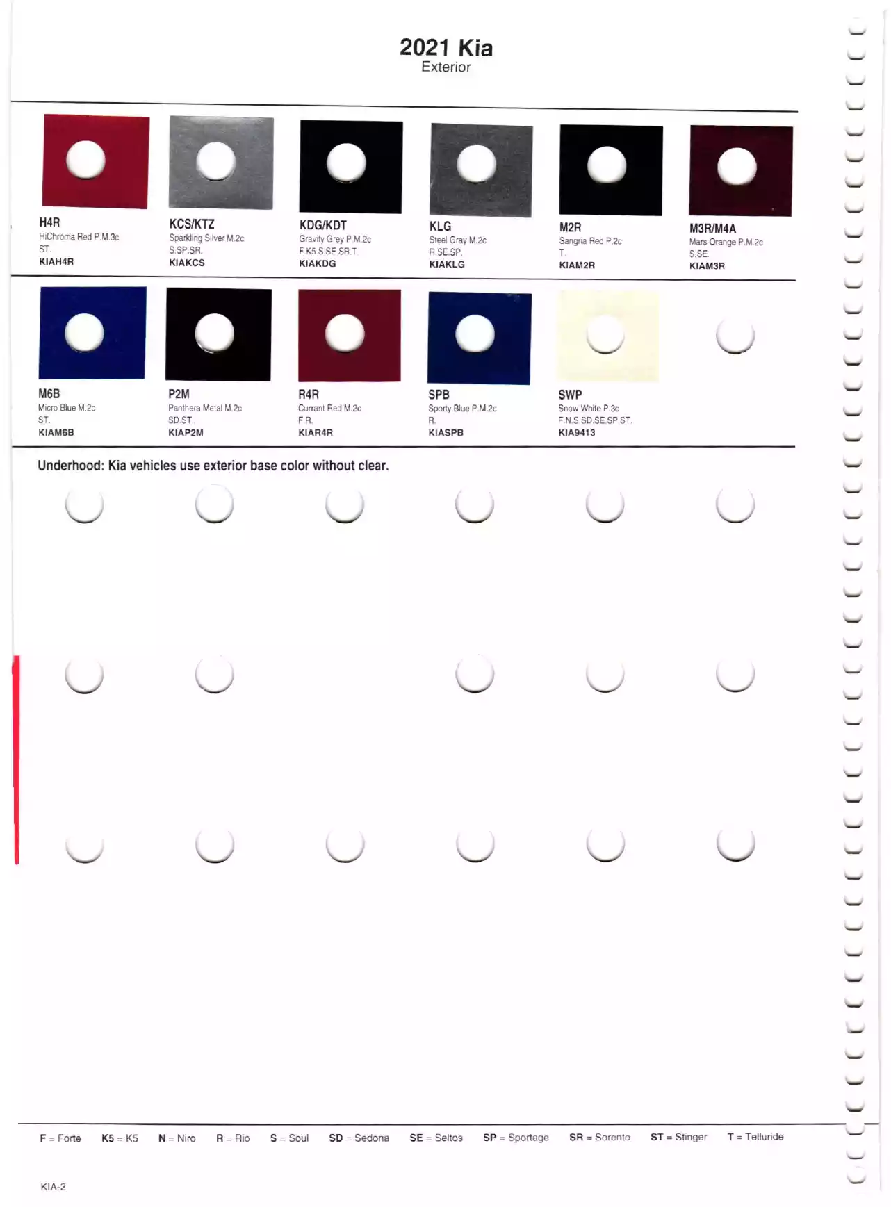 Color swatches, and their ordering paint codes for 2021 model vehicles