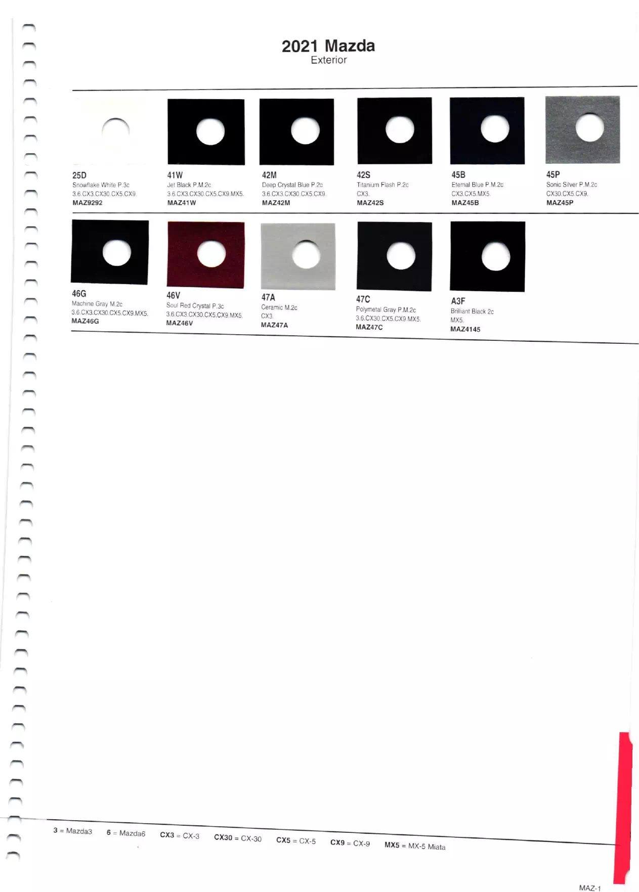 oem paint codes, color swatches, color names, and mixing Akzo Nobel stock numbers for 2021 Mazda automobiles.