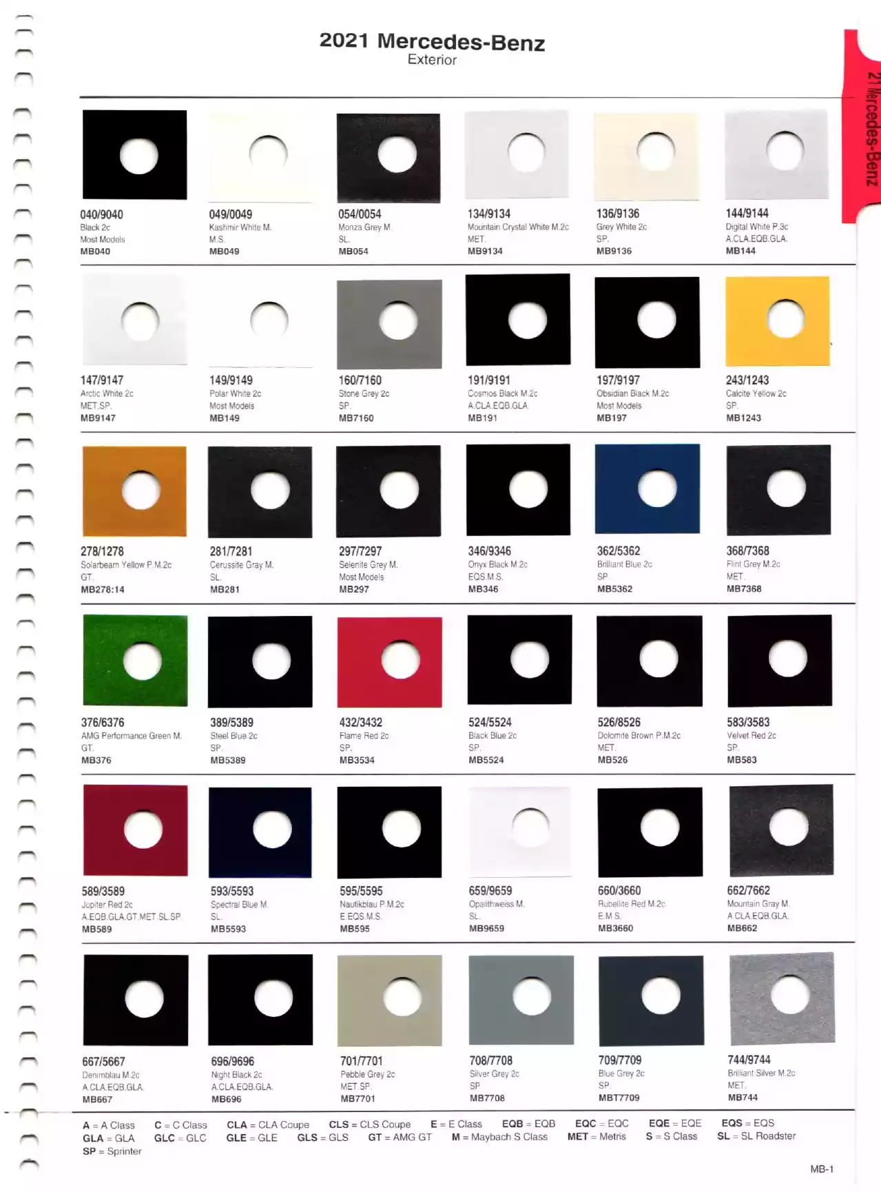 Color swatches, and their ordering paint codes for 2021 model vehicles