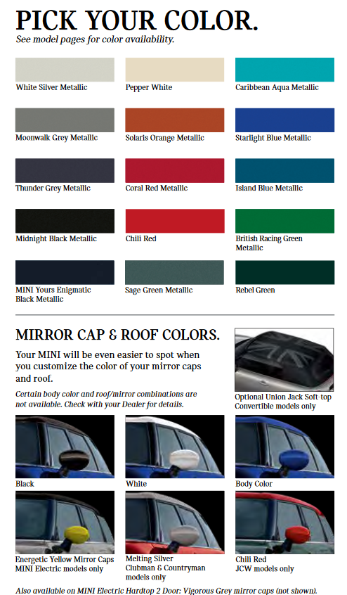 2021 Mini Paint Chart Colors that came on a mini vehicles.