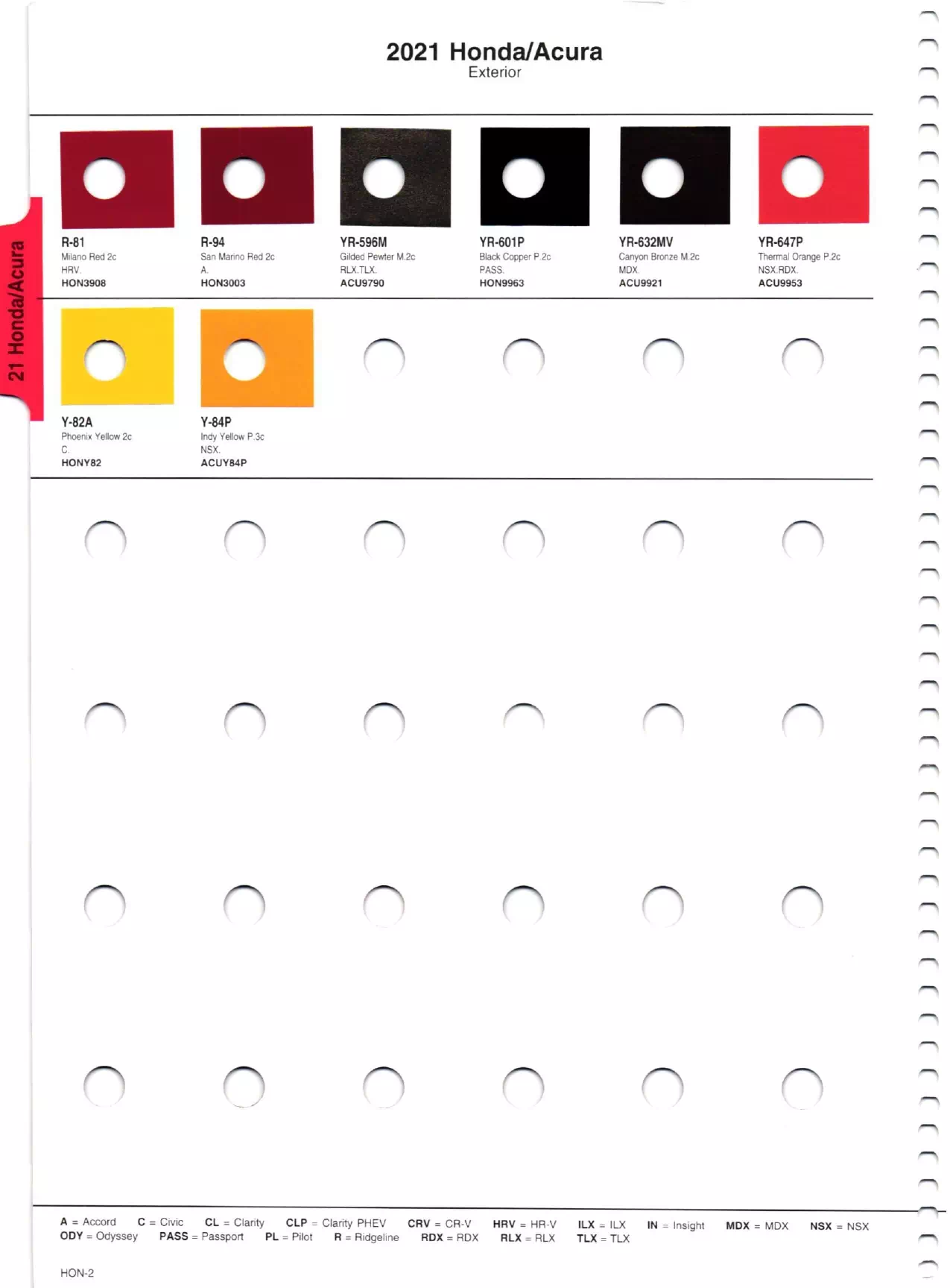 Exterior paint chips and their ordering codes for Honda and Acura Vehicles