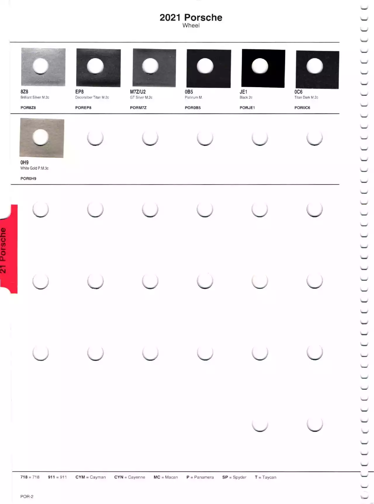 Color swatches, and their ordering paint codes for 2021 model vehicles