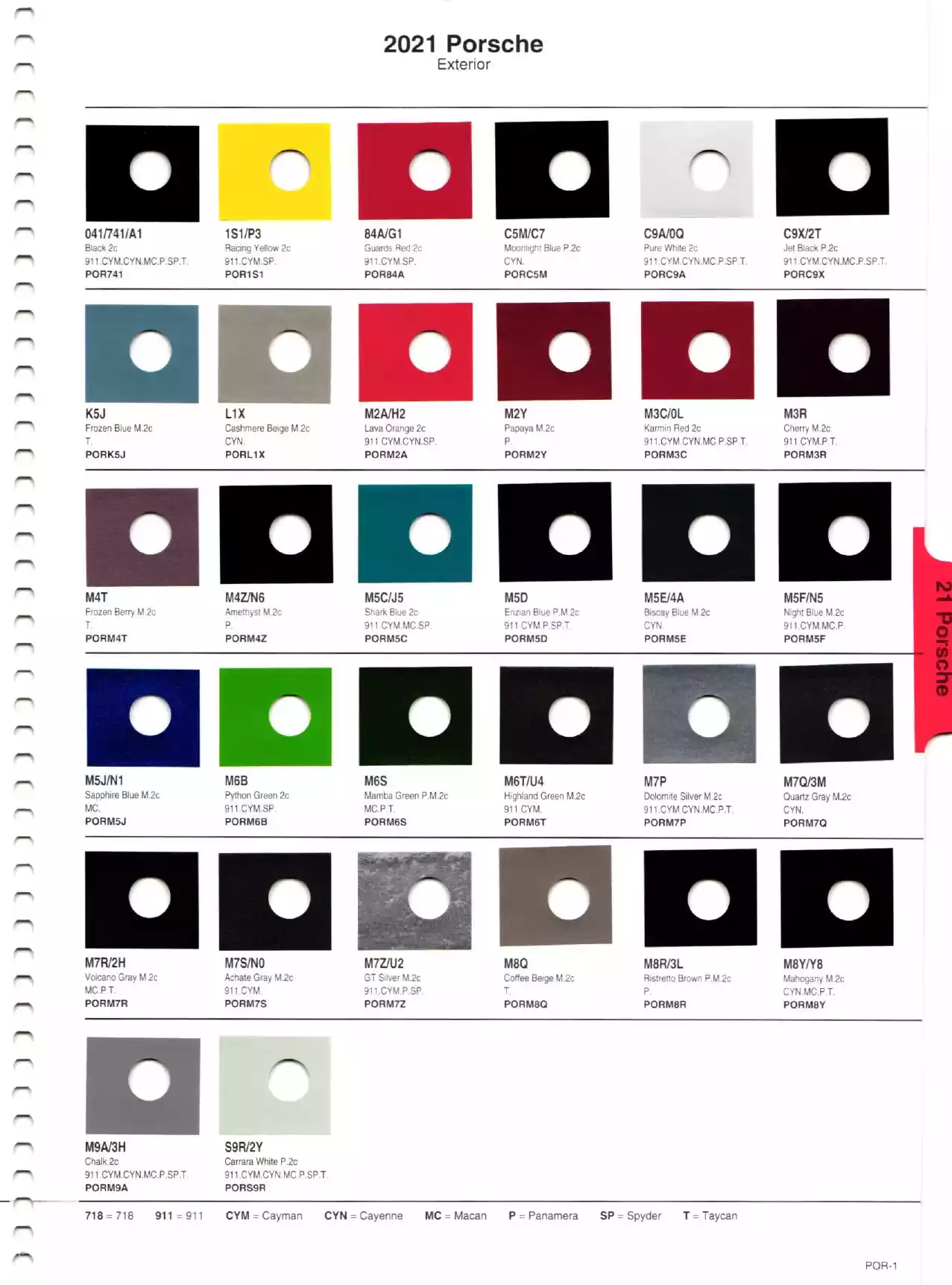 Color swatches, and their ordering paint codes for 2021 model vehicles