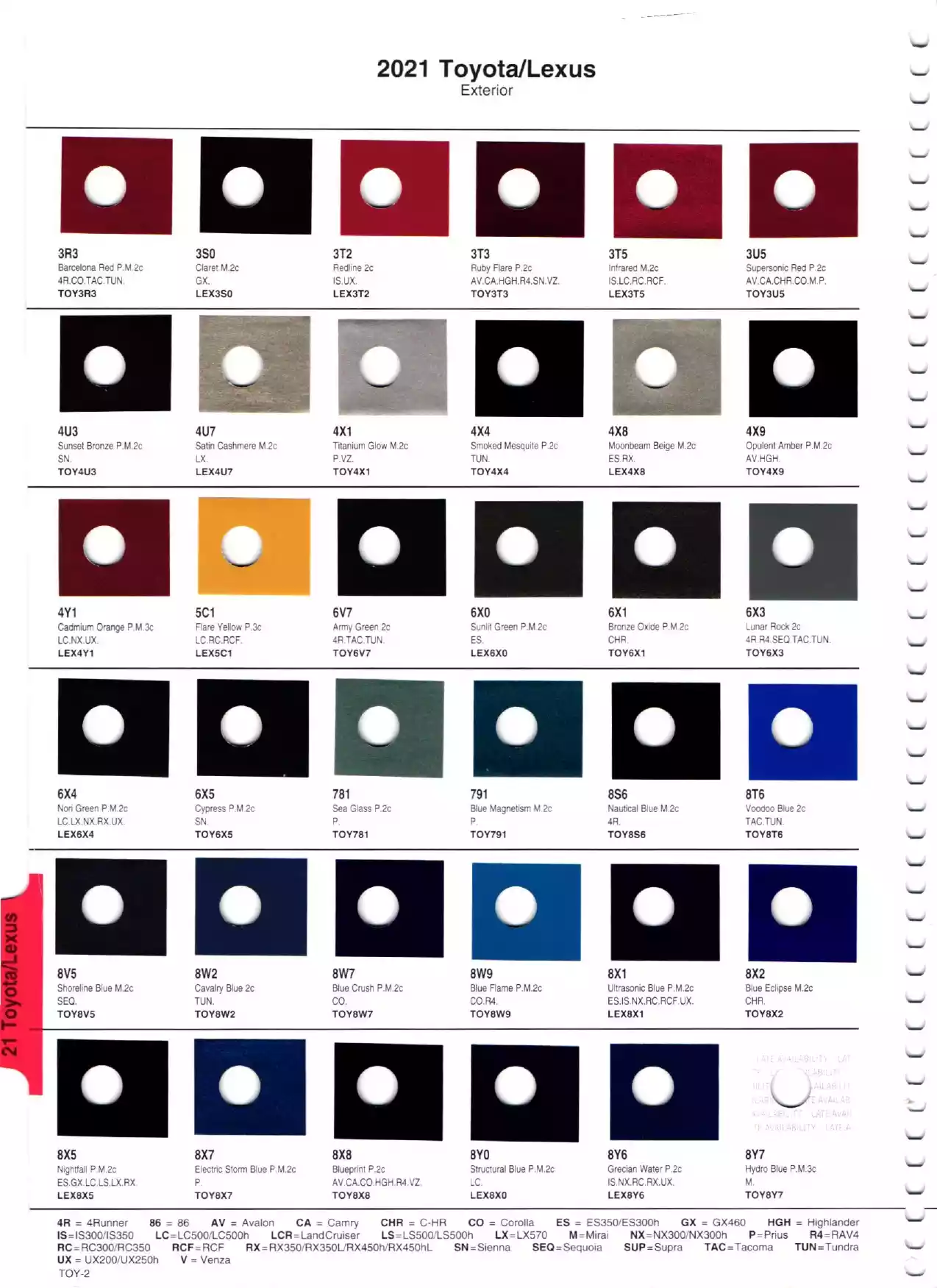 Color swatches, and their ordering paint codes for 2021 model vehicles