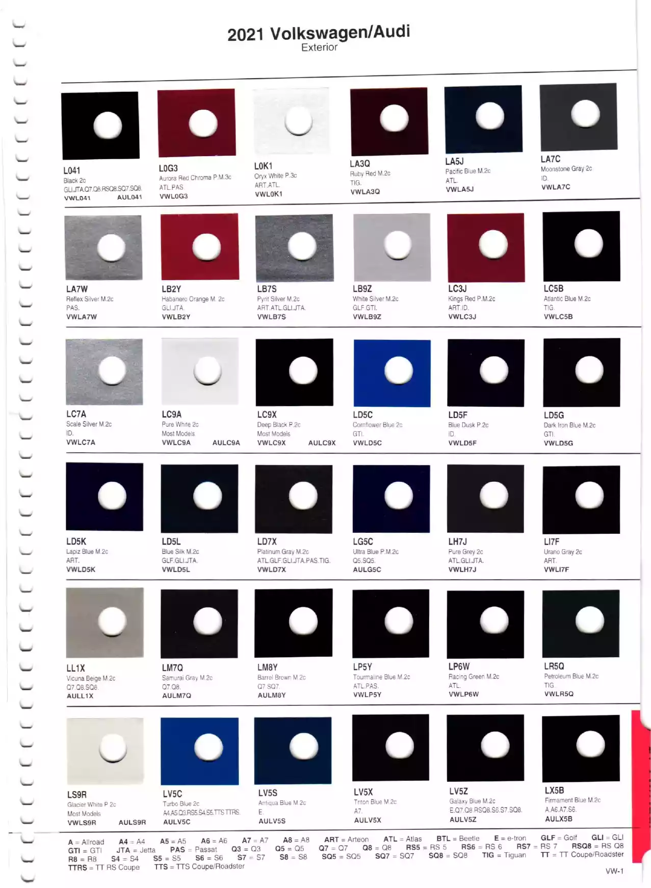 Color swatches, and their ordering paint codes for 2021 model vehicles