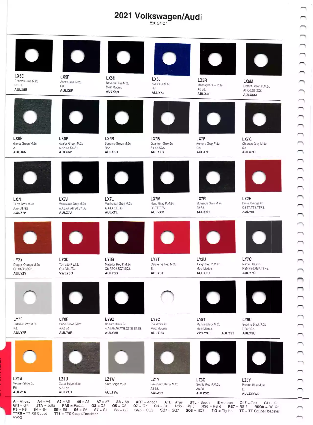 Color swatches, and their ordering paint codes for 2021 model vehicles