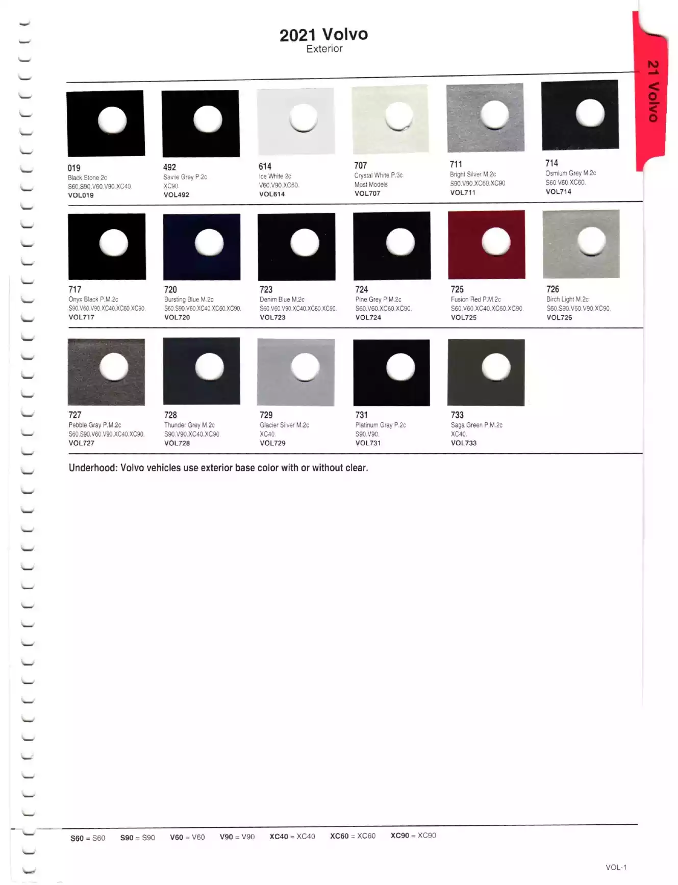 Color swatches, and their ordering paint codes for 2021 model vehicles