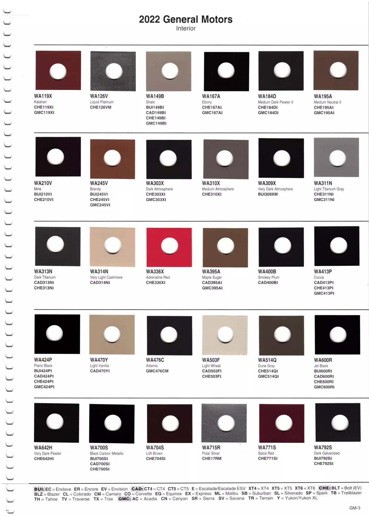 2022 General Motors - Buick, Cadillac, Chevrolet, & GMC Paint Chart Paint color examples, their ordering codes, the oem color code, and vehicles the color was used on