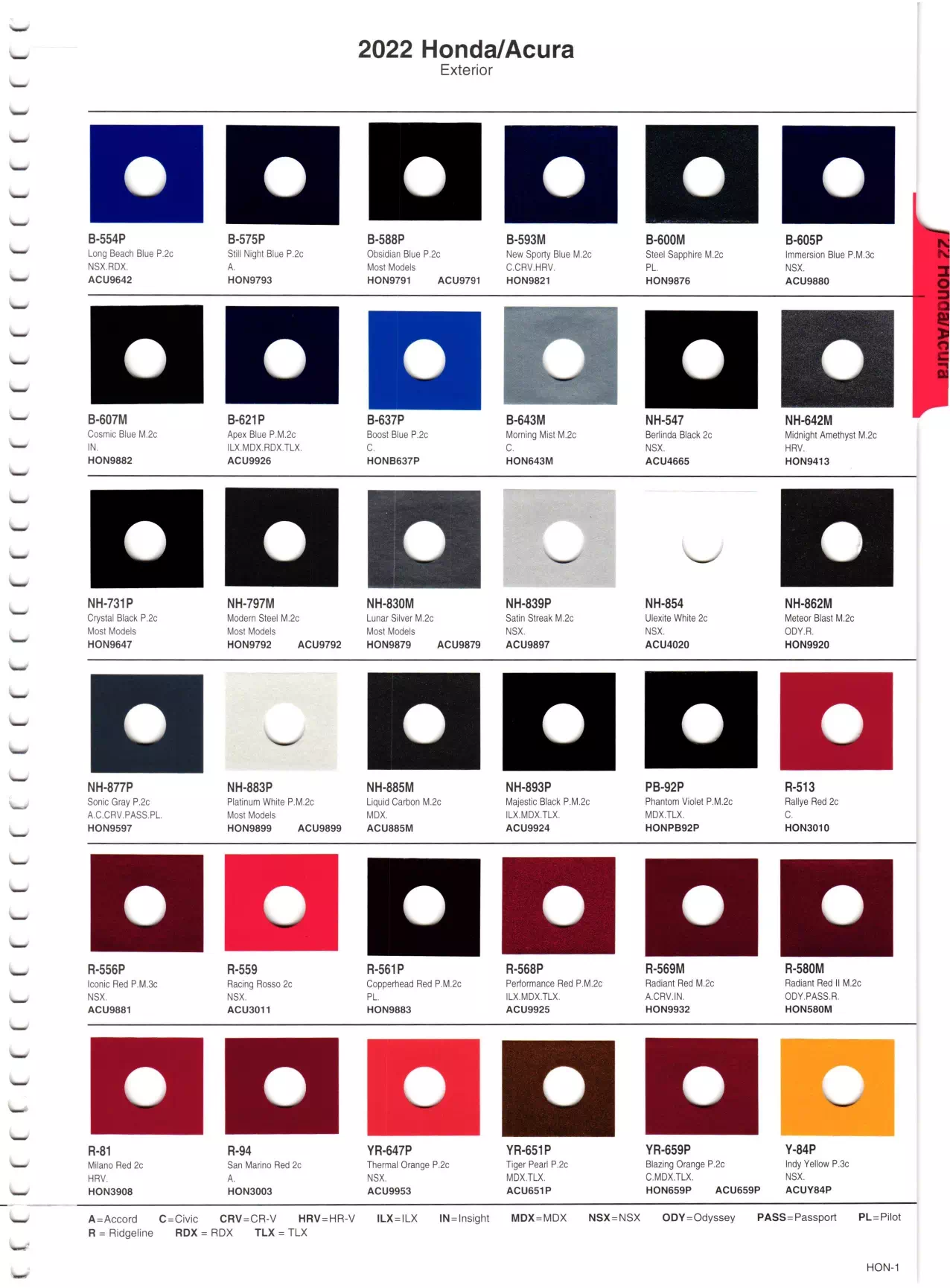 Exterior paint chips and their ordering codes for Honda and Acura Vehicles