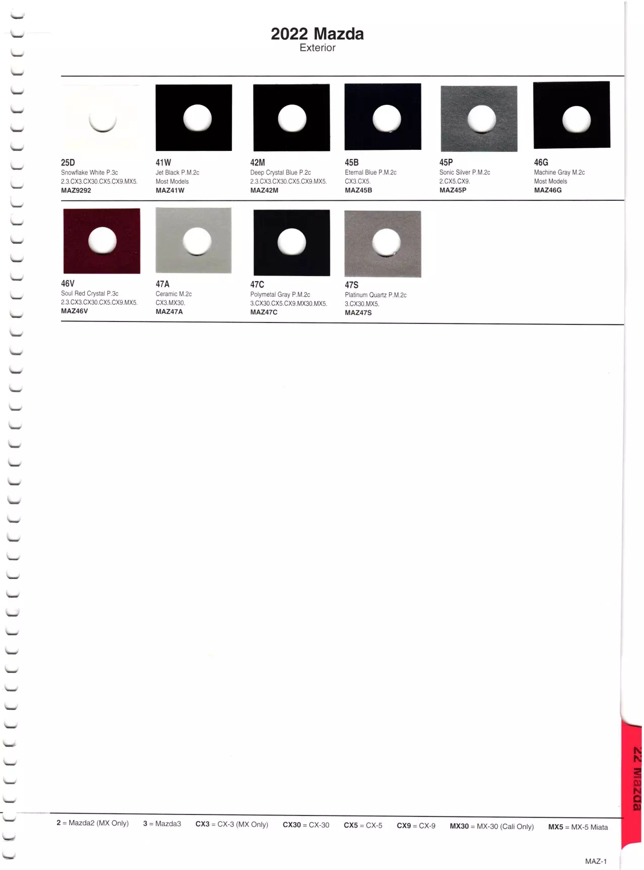 oem paint codes, paint swatches, color names, and Akzo Nobel mixing stock numbers for 2022 Mazda automobiles.