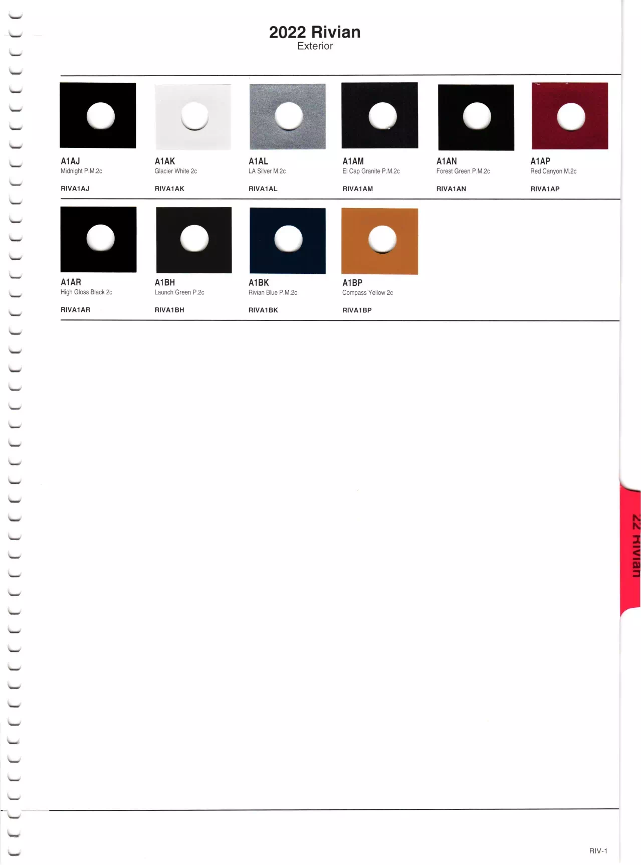 2022 Rivian Paint Chart Paint color examples, their ordering codes, the oem color code, and vehicles the color was used on
