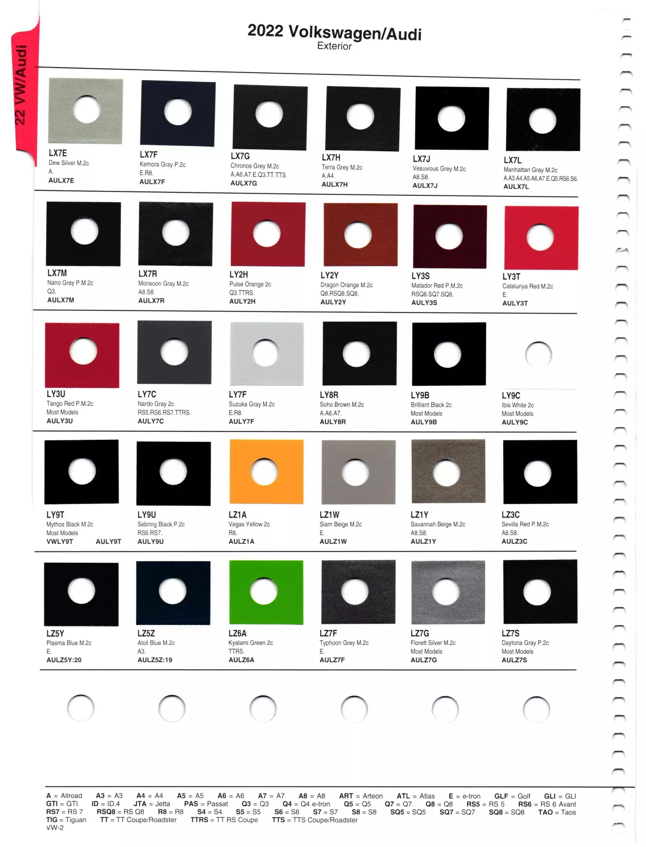 2022 Volkswagen & Audi Paint Chart Paint color examples, their ordering codes, the oem color code, and vehicles the color was used on