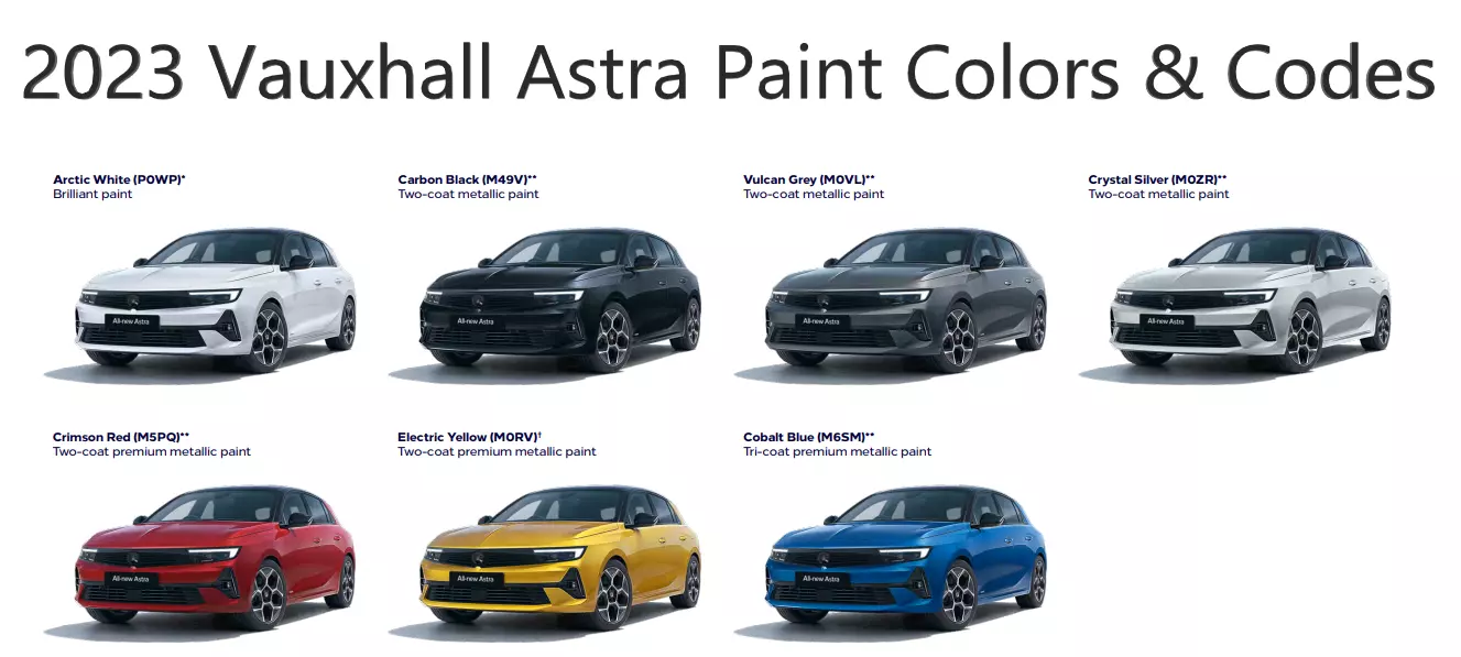 2023 Vauxhall Astra Paint Codes & Color Chart Paint codes and color chart for all models of the 2023 Vauxhall Astra Vehicle