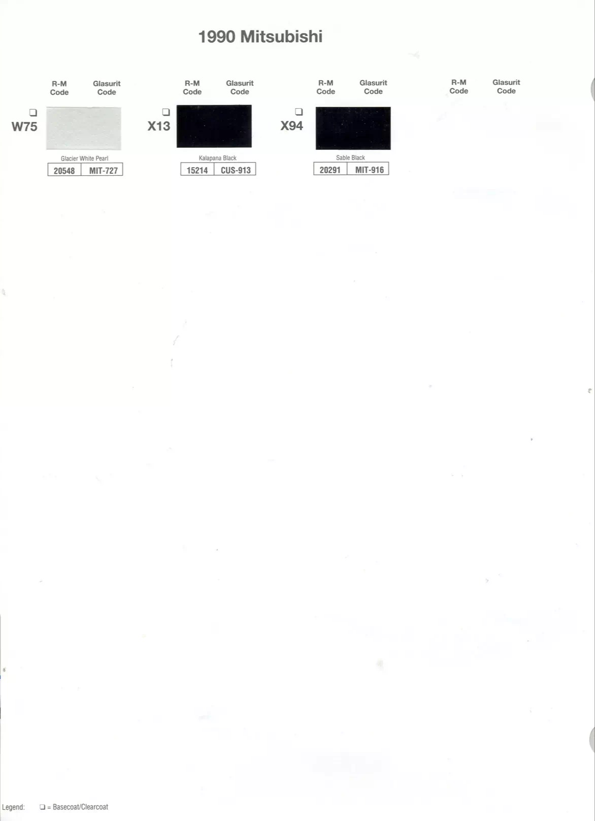 A paint code chart displaying various color swatches and corresponding codes. This chart is used to identify and select specific paint colors for mixing paint and or buying paint for your Mitsubishi vehicle. There are only so many paints used every year. This chart helps you decide what color it is.  