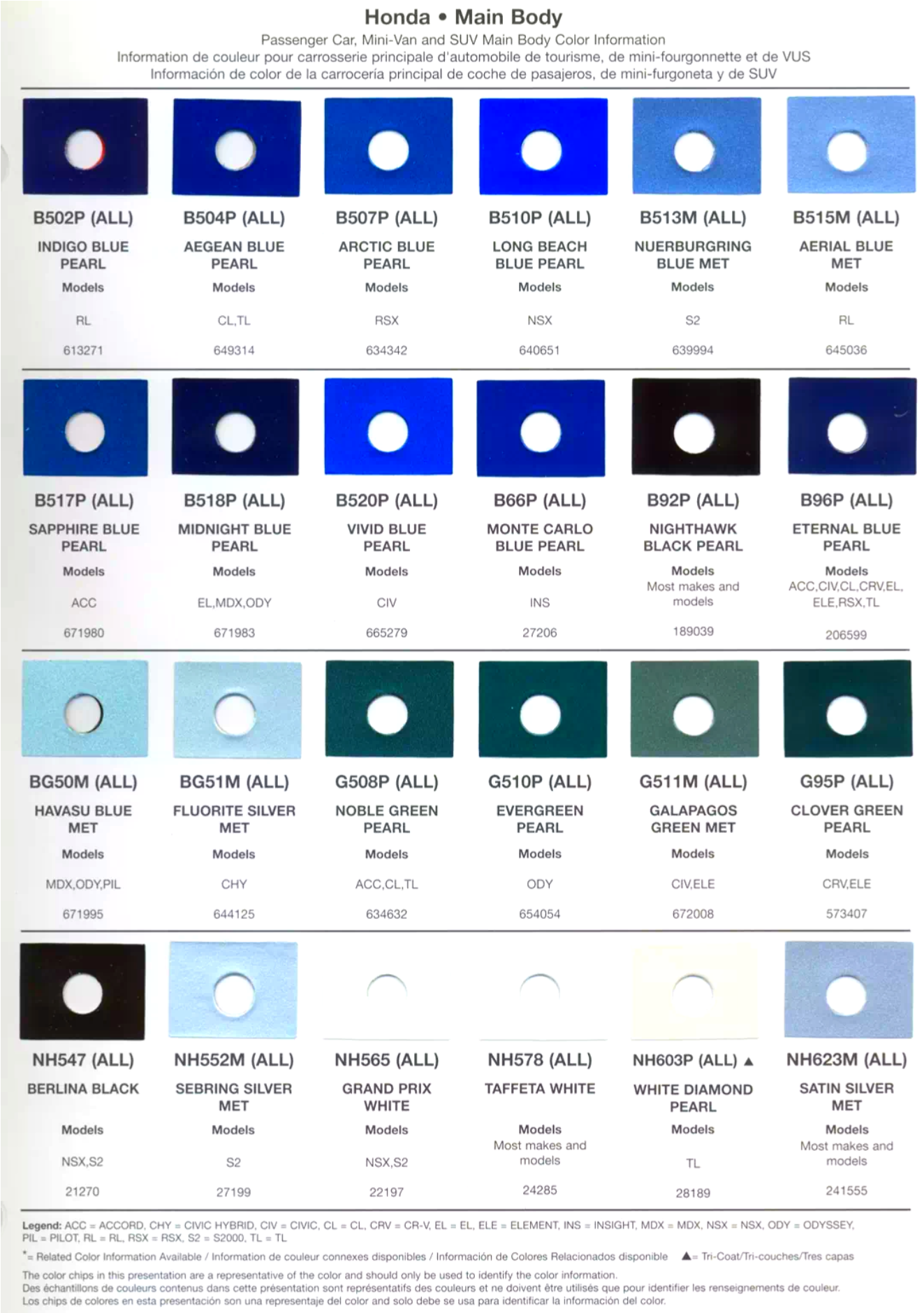 Color Swatches of Honda vehicles.