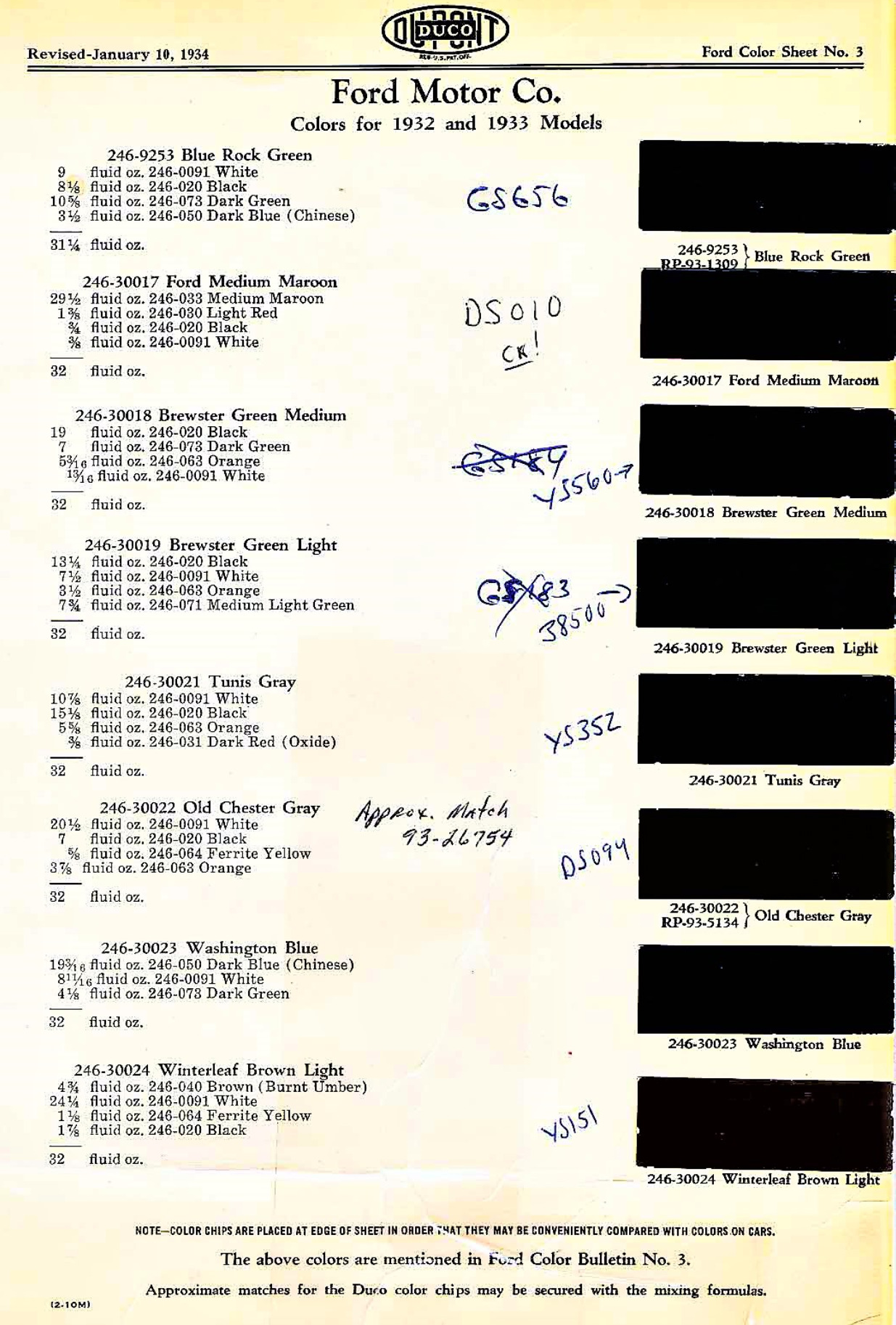 Color chart for 1933 motor vehicles exterior paint code.  Examples of Colors and ordering codes.