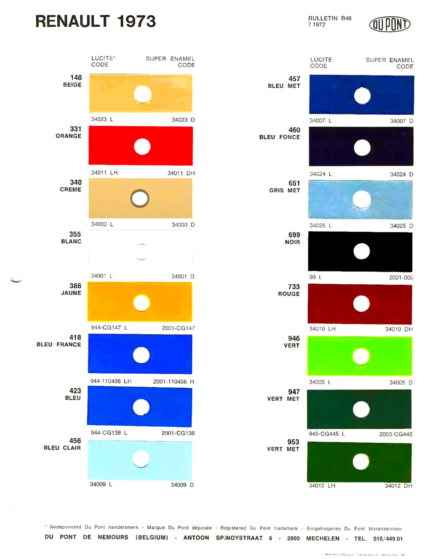 A paint chart for exterior colors, their codes, their names, and swatches for Renault automobiles.