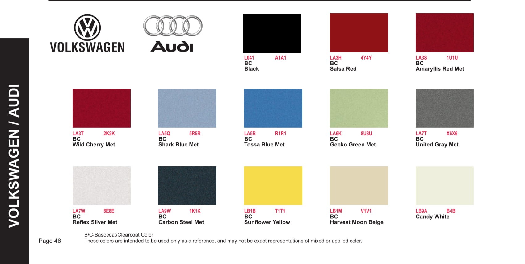 2010 Volkswagen and Audi Paint Code Color Chart